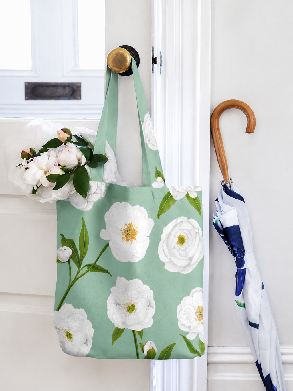 Tote Bag: White Peonies on Green