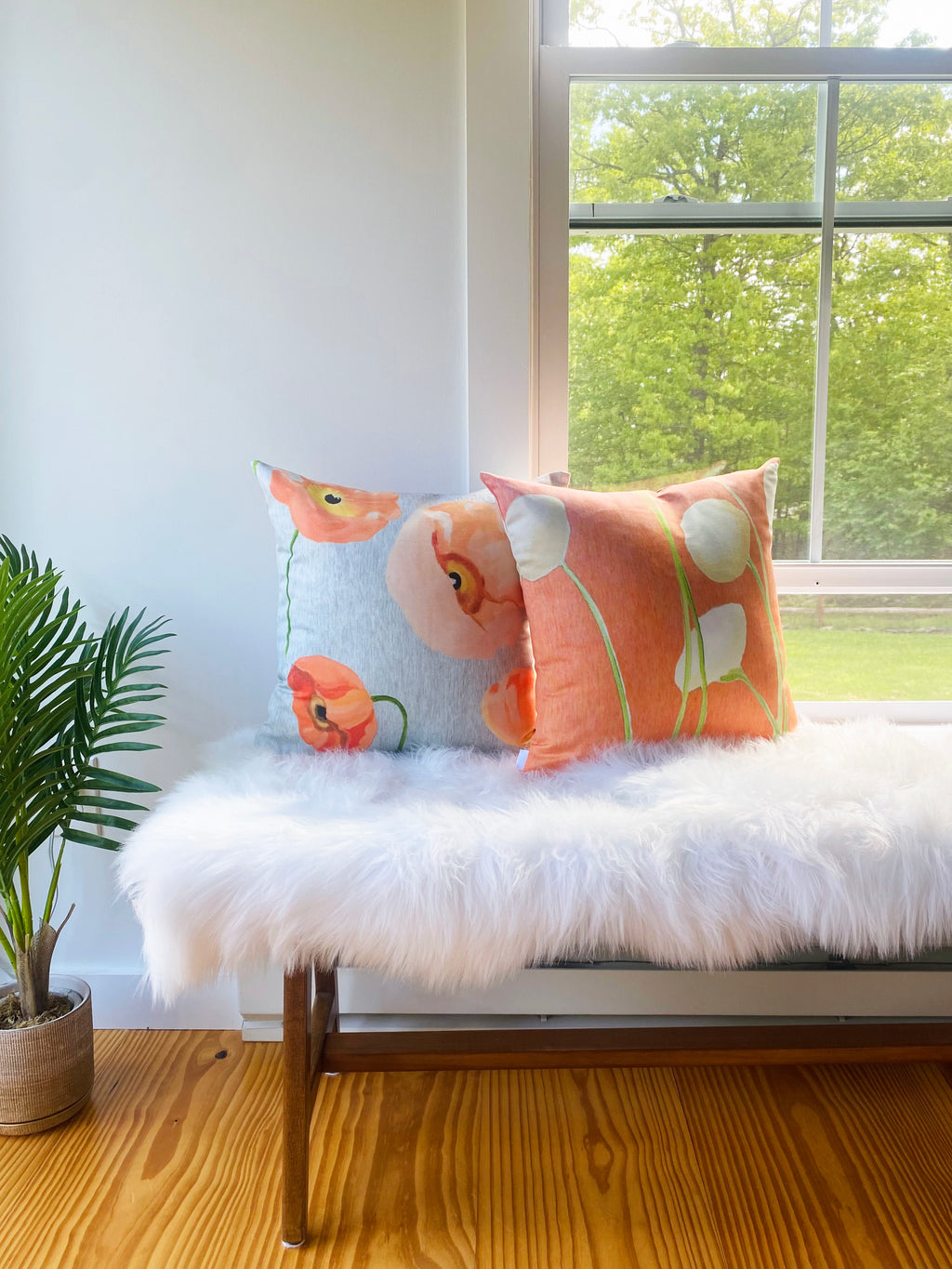 Throw Pillow: Cream Flowers on Orange