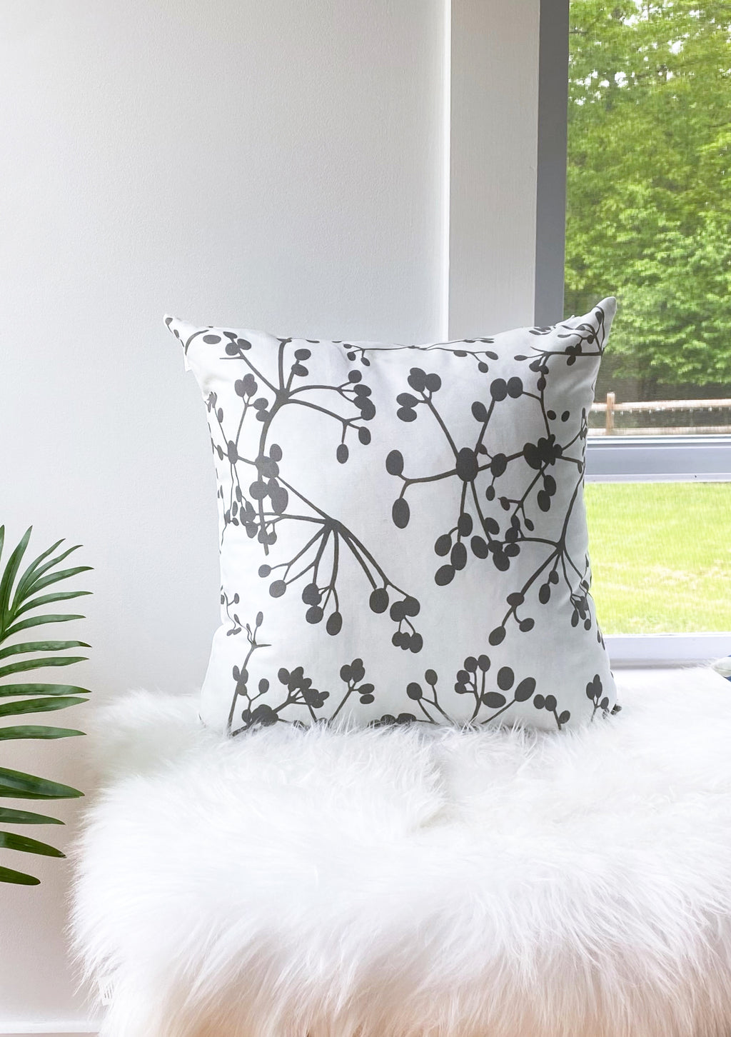 Throw Pillow: Grey Viburnum Berries on White