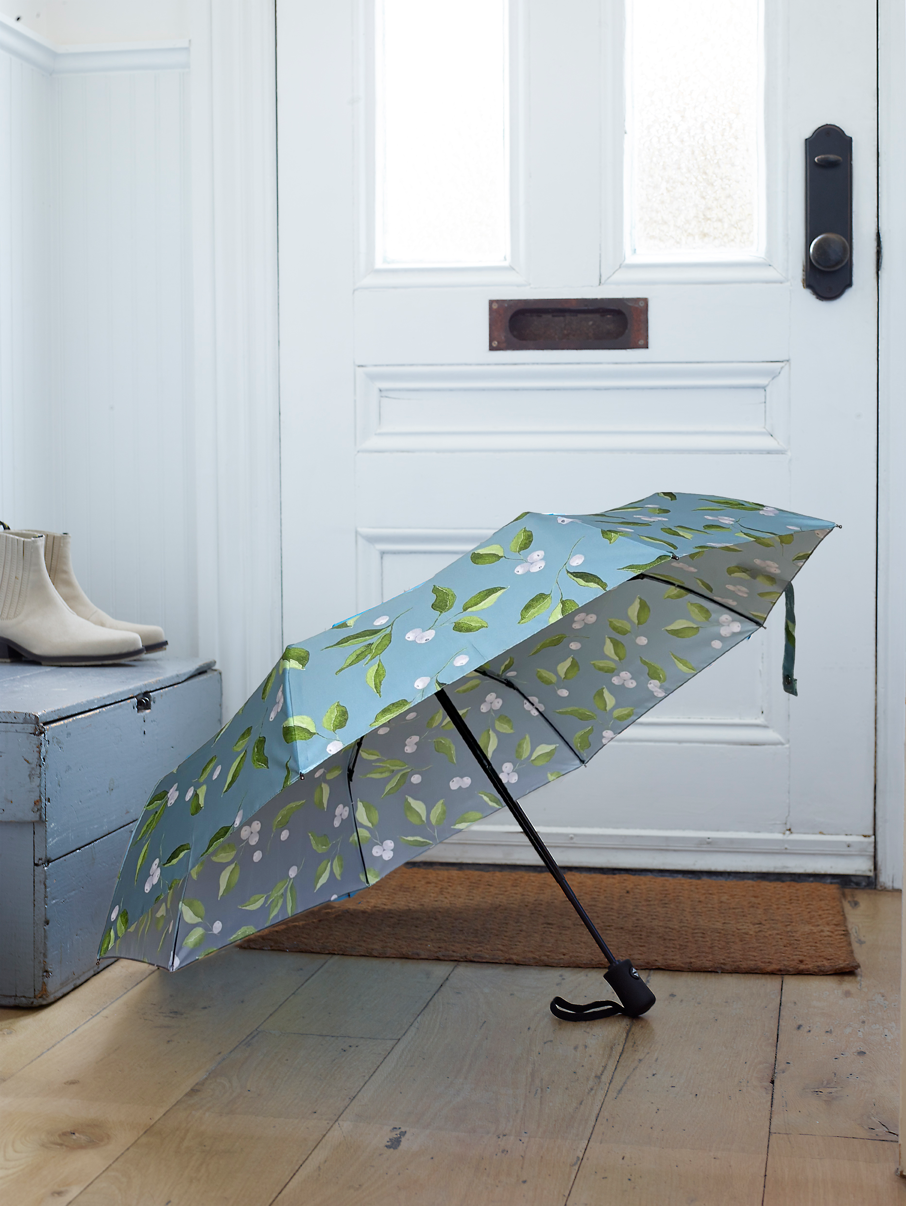 Umbrella:  White Berries and Leaves on Teal