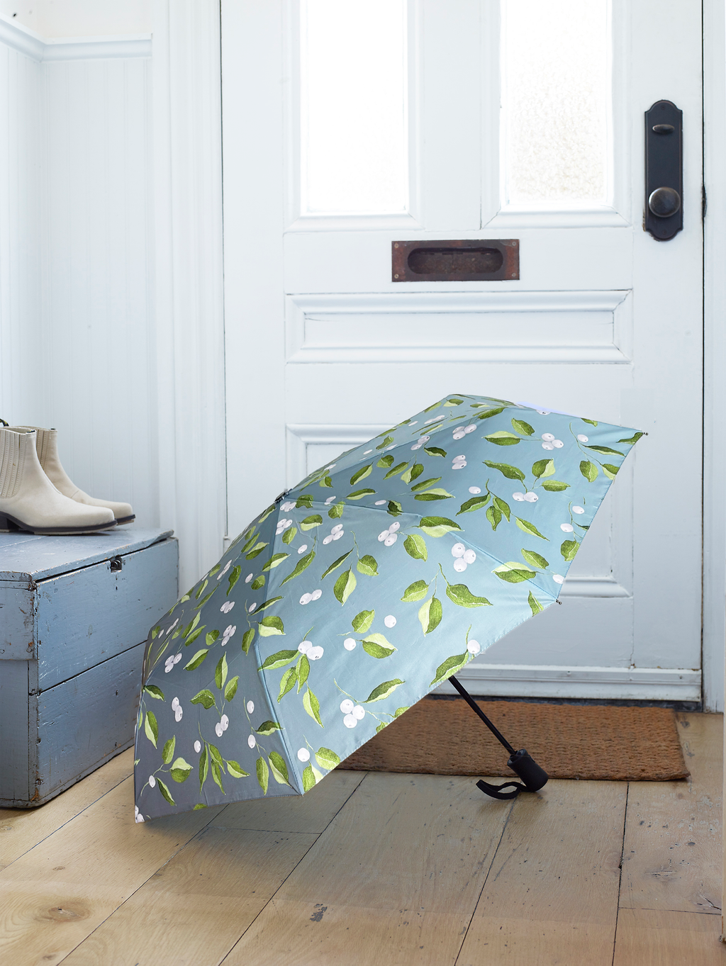 Umbrella:  White Berries and Leaves on Teal