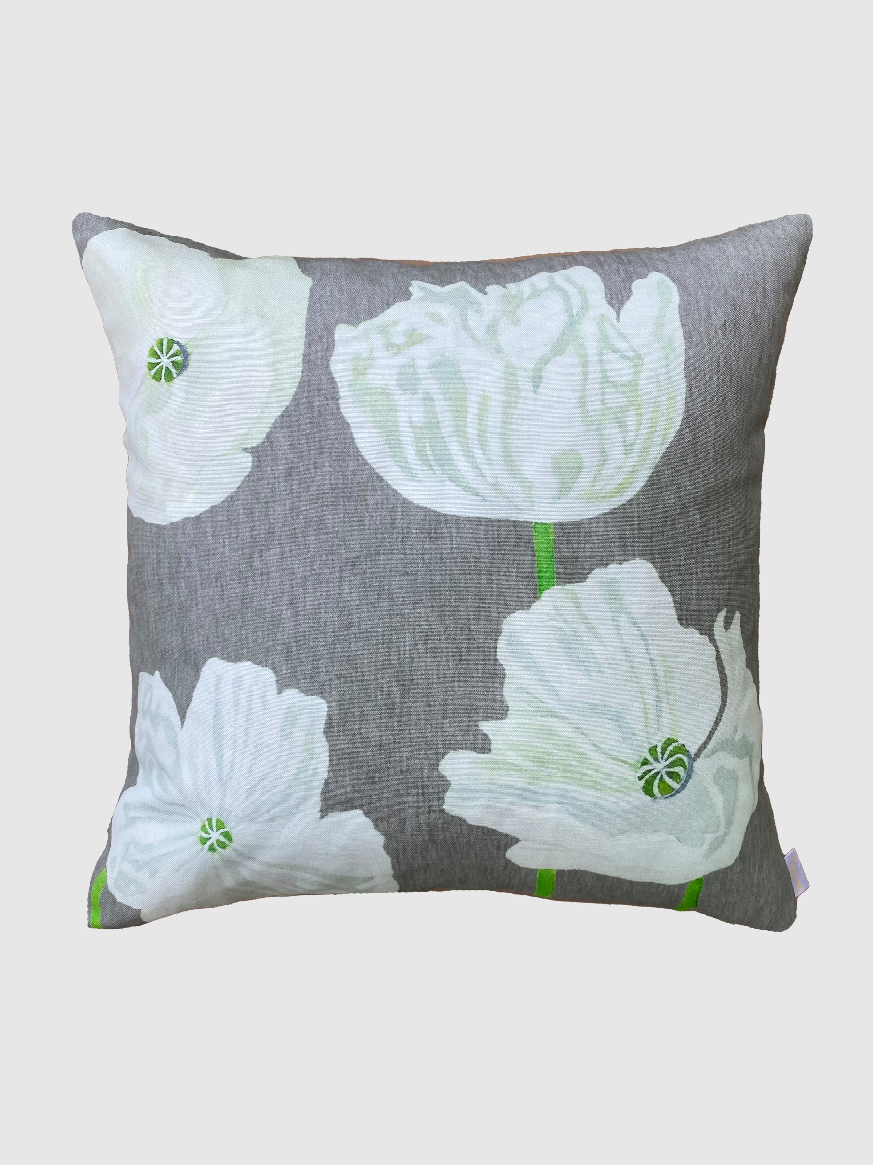 Throw Pillow: White Poppies on Grey