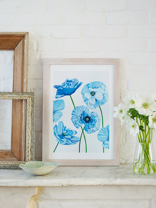 Art Print:  Blue Poppies on Pale Grey