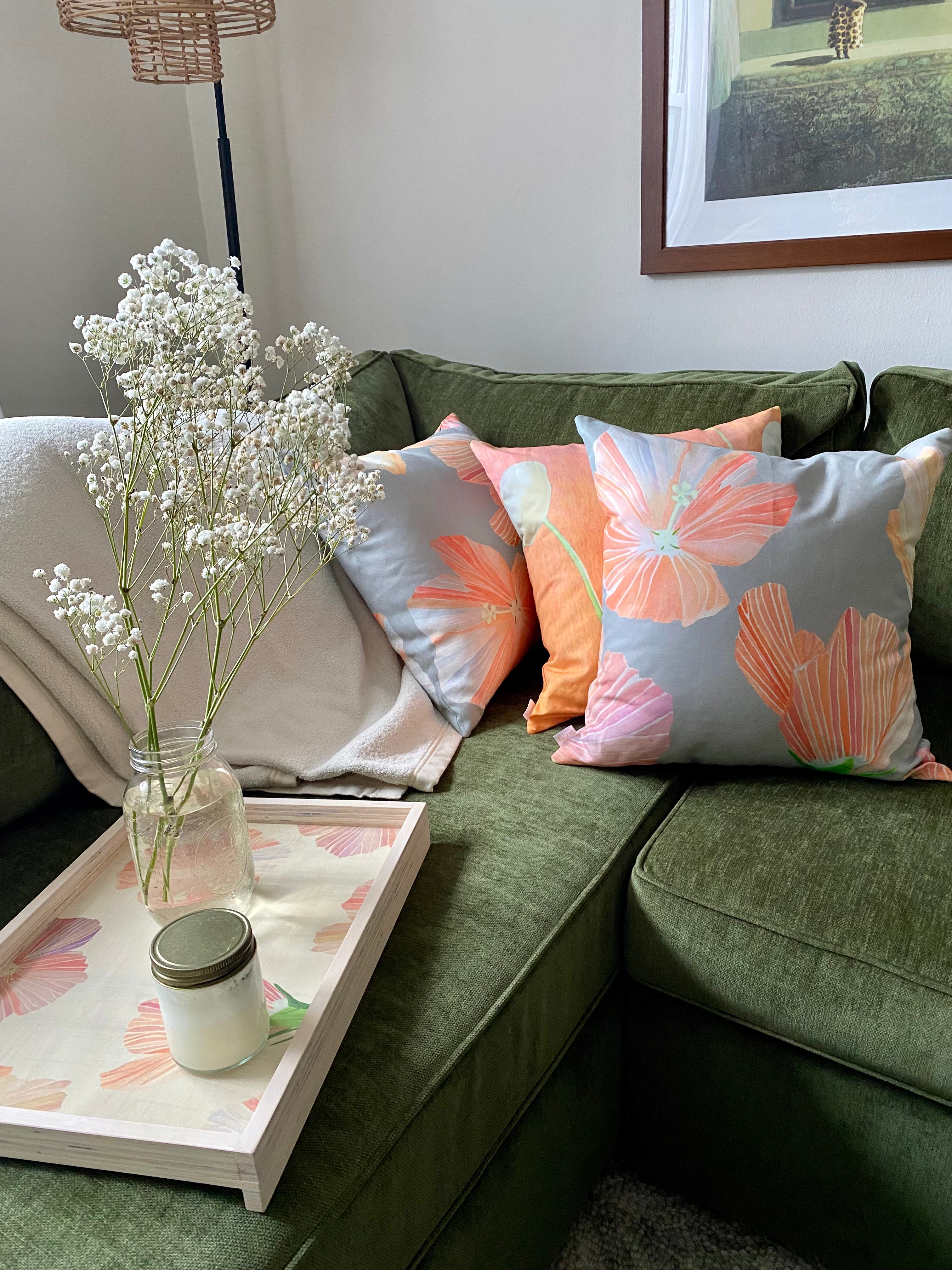 Throw Pillow: Cream Flowers on Orange