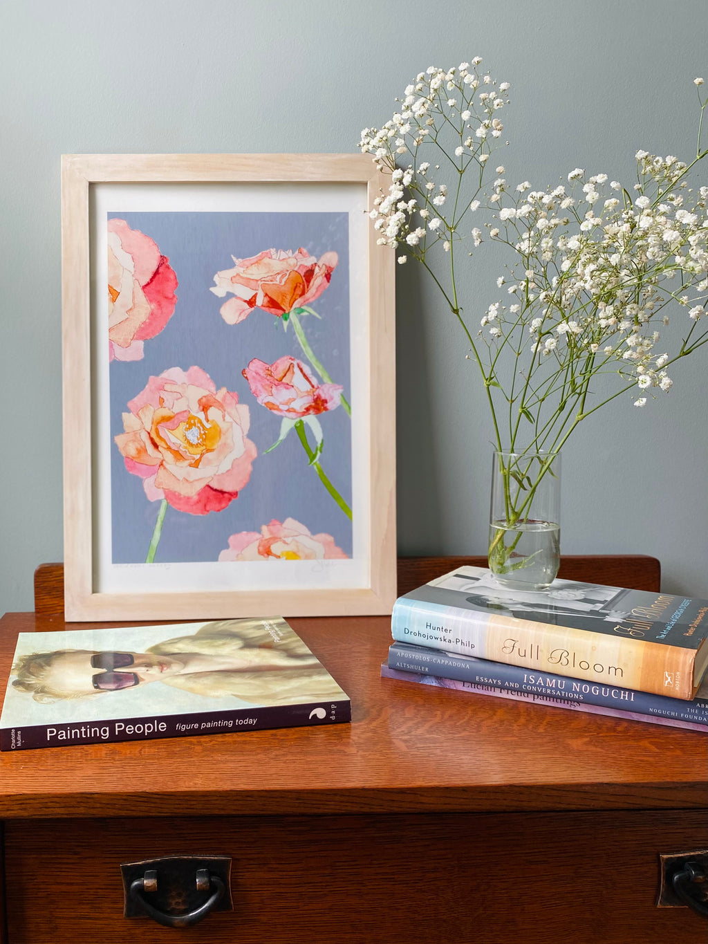 Art Print:  Peach Roses on Grey
