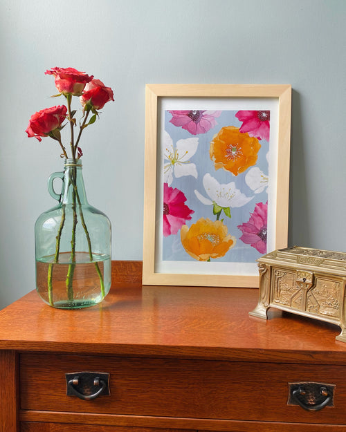 Art Print:  Cactus Flowers on Grey