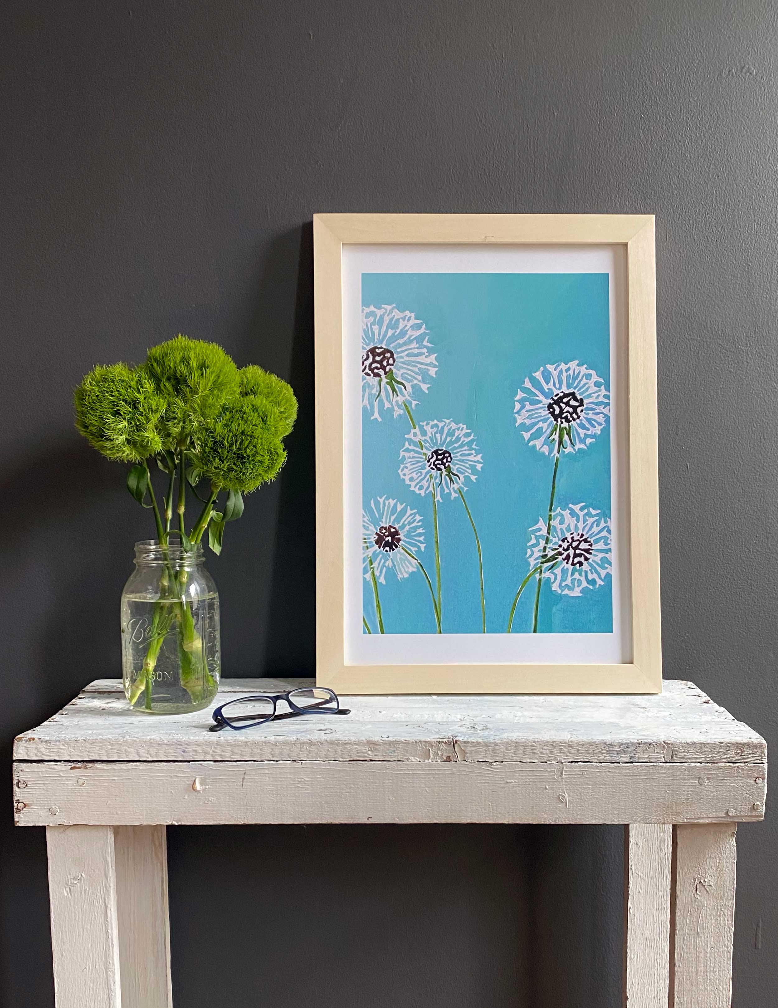 Art Print:  Dandelions on Aqua