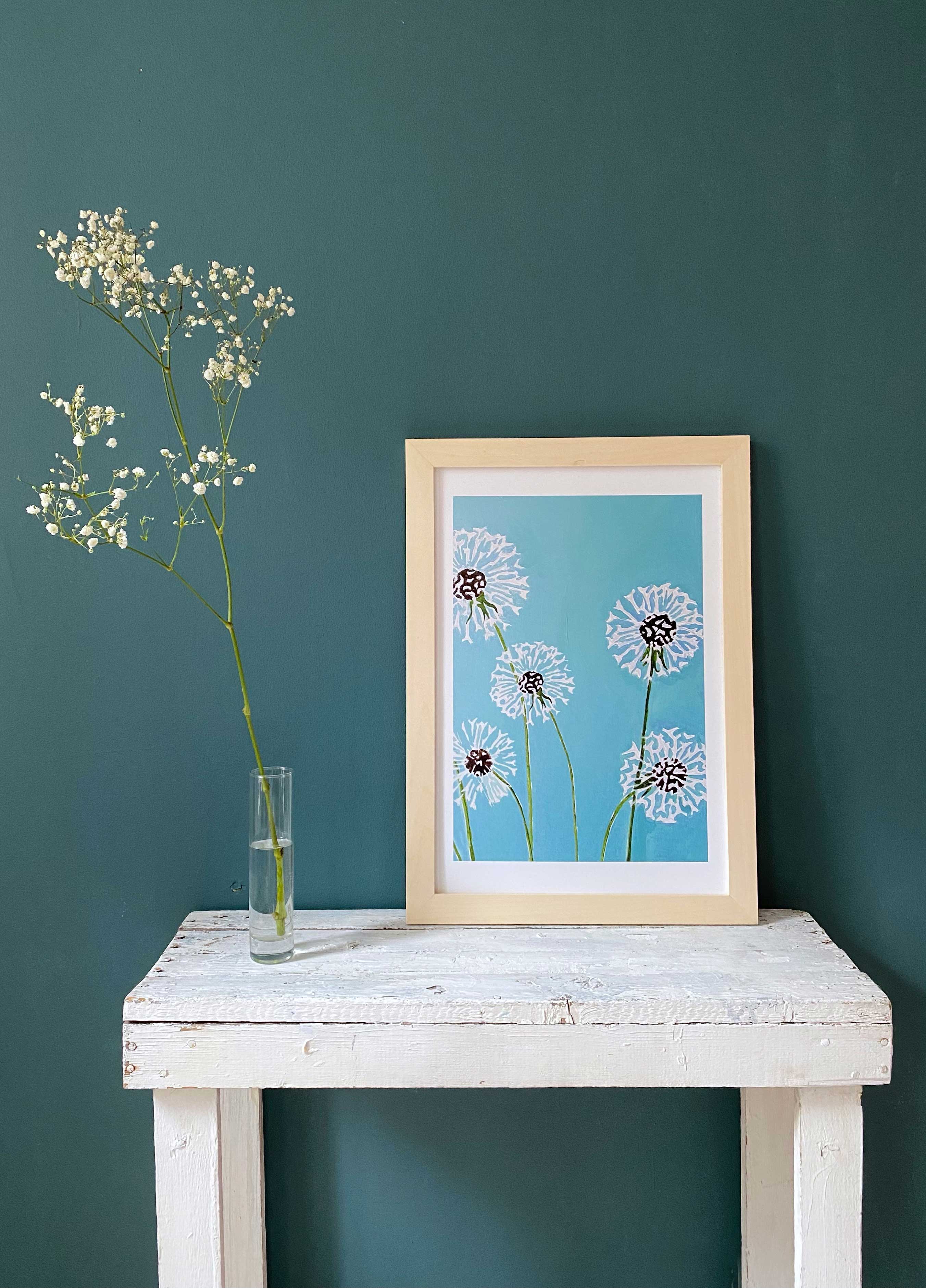 Art Print:  Dandelions on Aqua