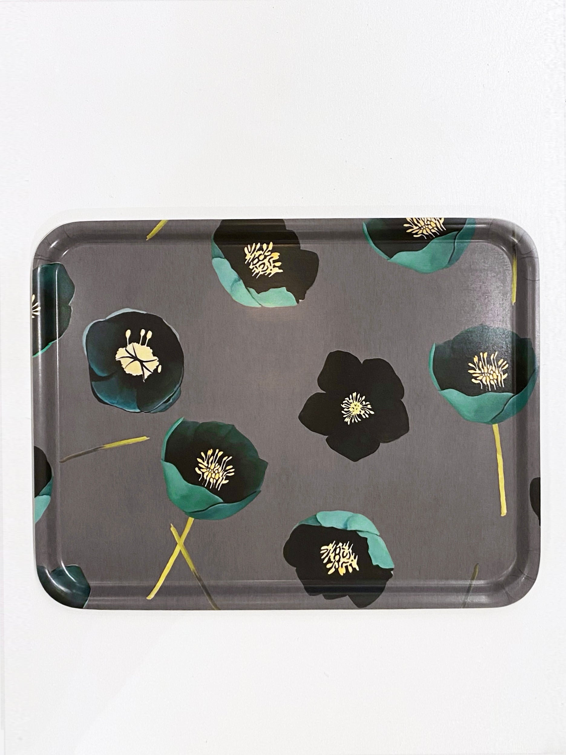 Swedish Serving Tray:  Green Winter Rose on Charcoal