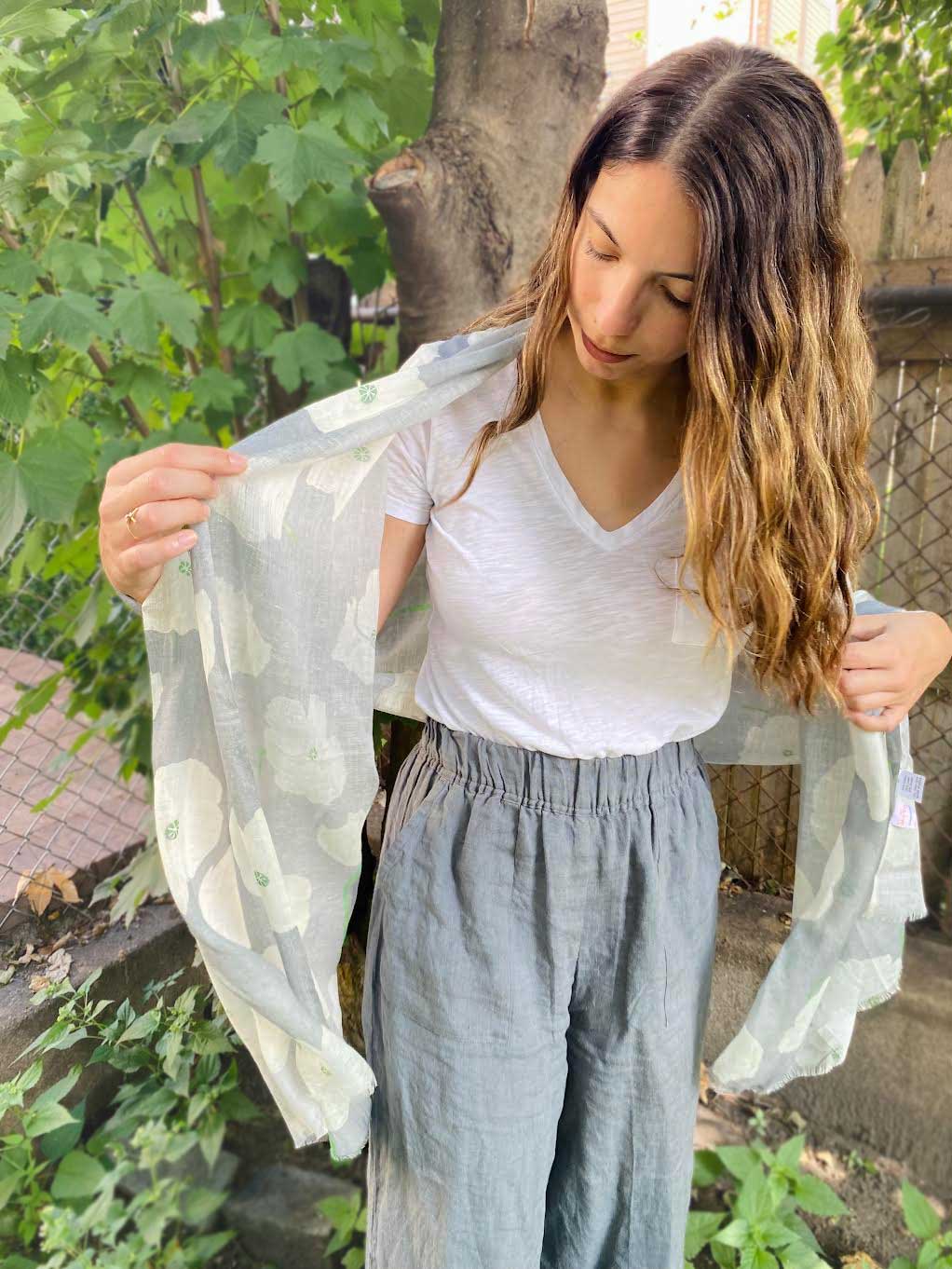 Scarf: White Poppies on Grey