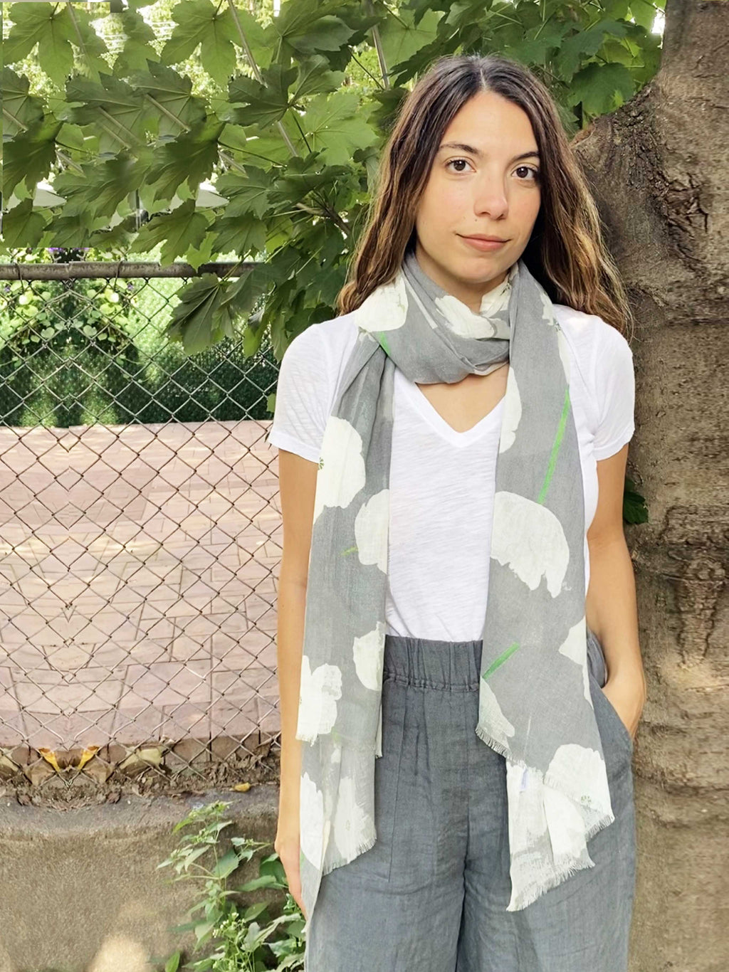 Scarf: White Poppies on Grey