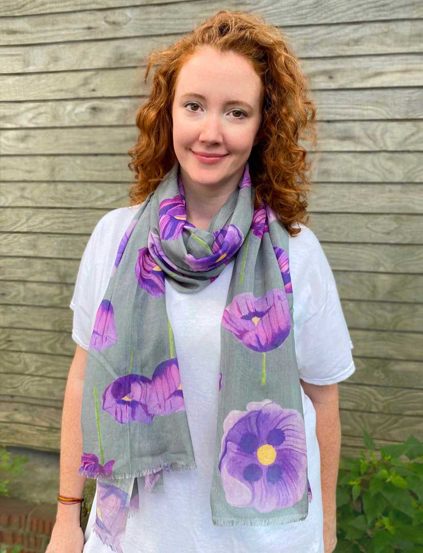 Scarf: Purple Poppies on Grey