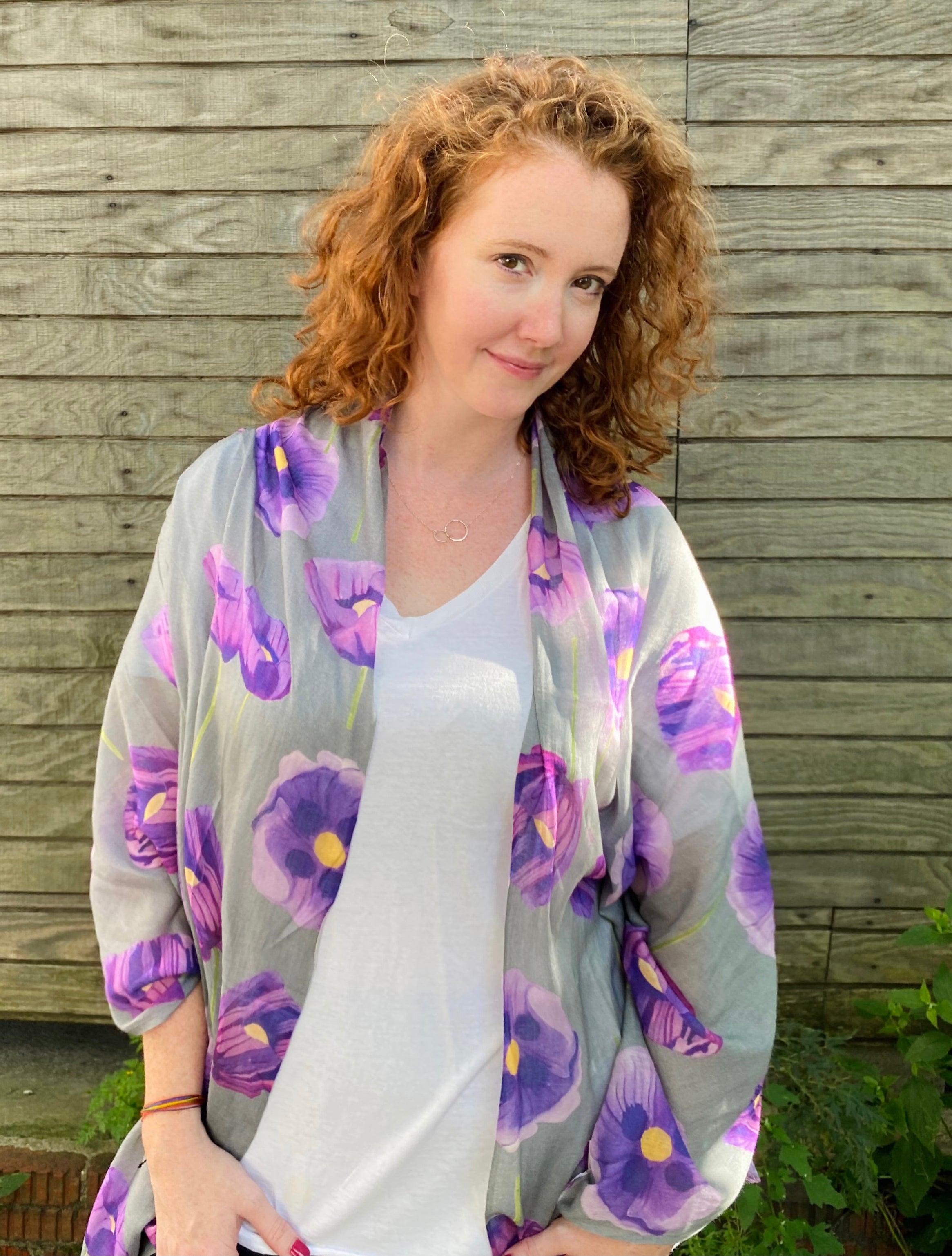 Scarf: Purple Poppies on Grey