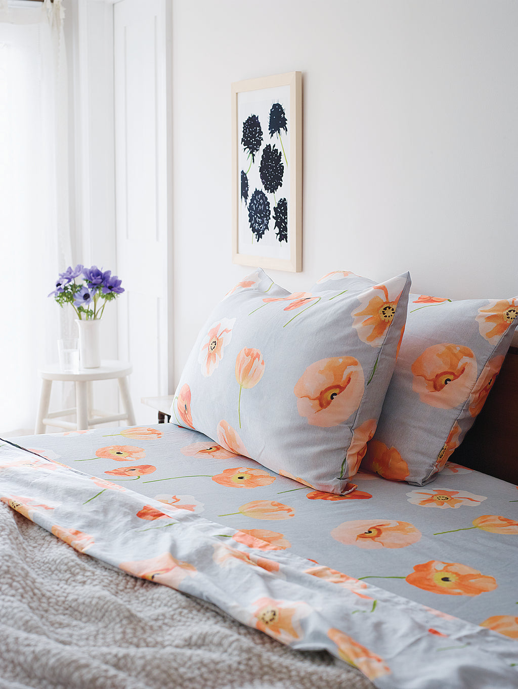 Sheet Set: Peach Poppies on Grey