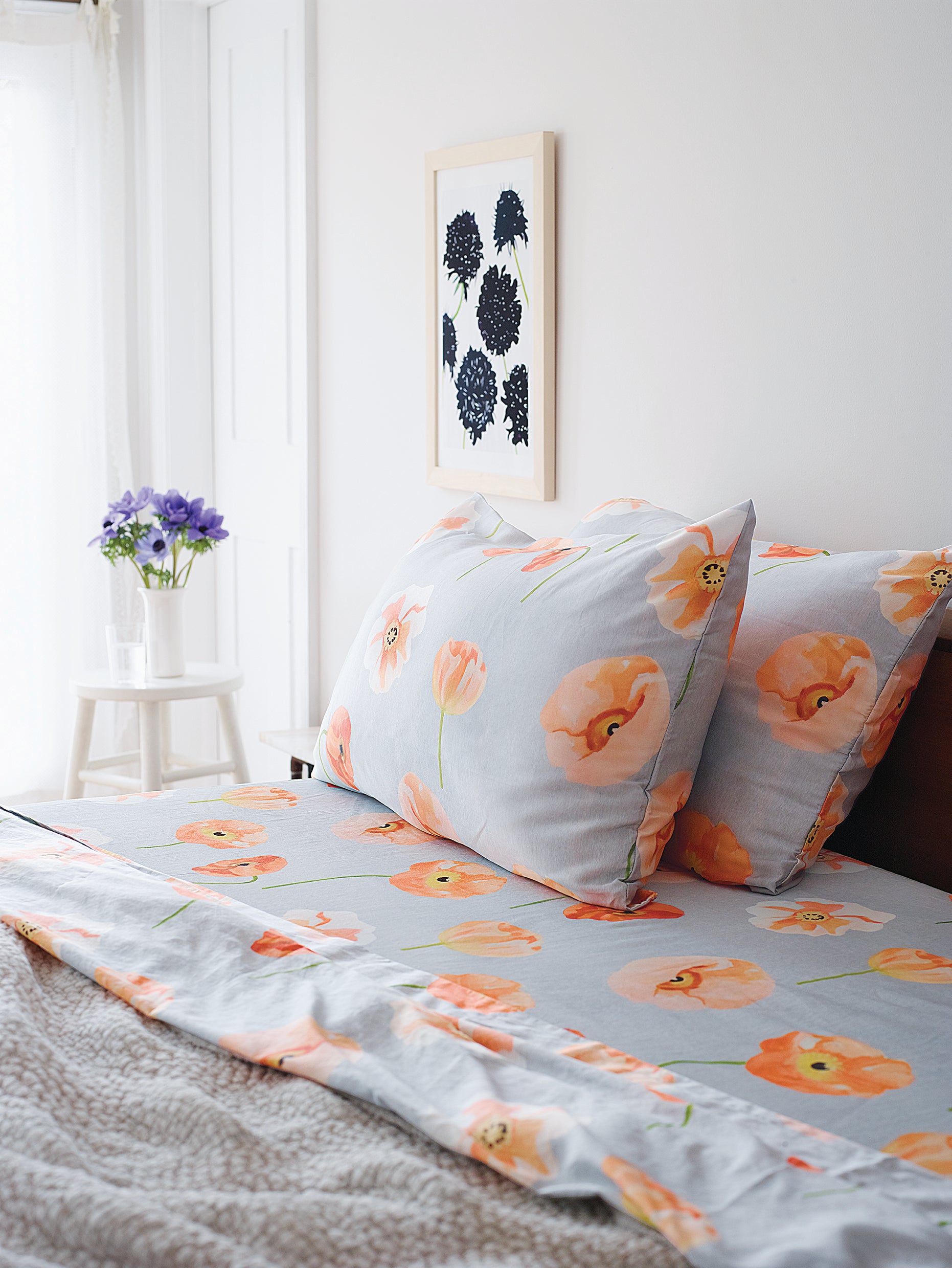 Sheet Set: Peach Poppies on Grey
