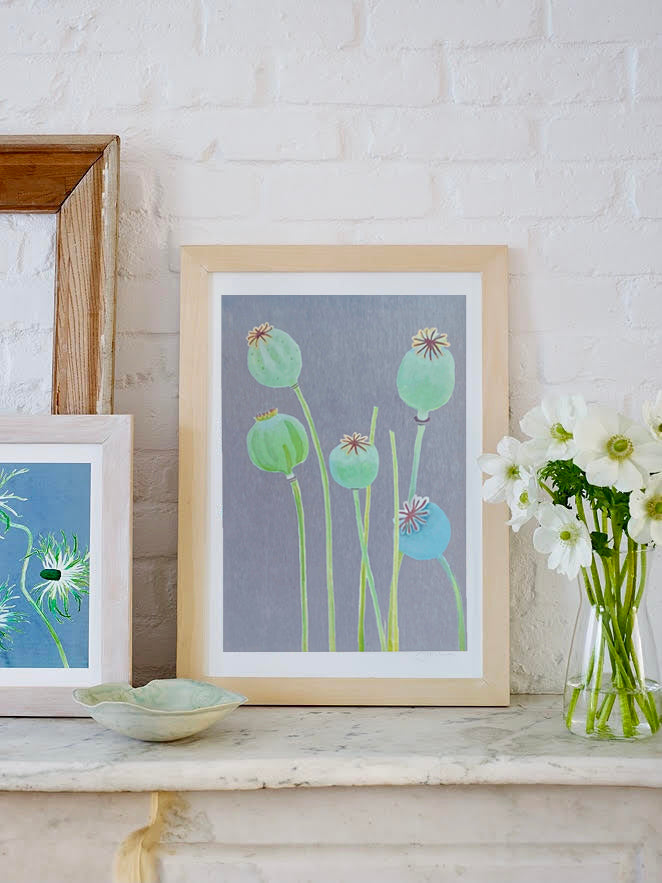 Art Print:  Poppy Pods on Grey