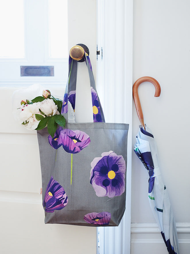Tote Bag: Purple Poppies on Grey