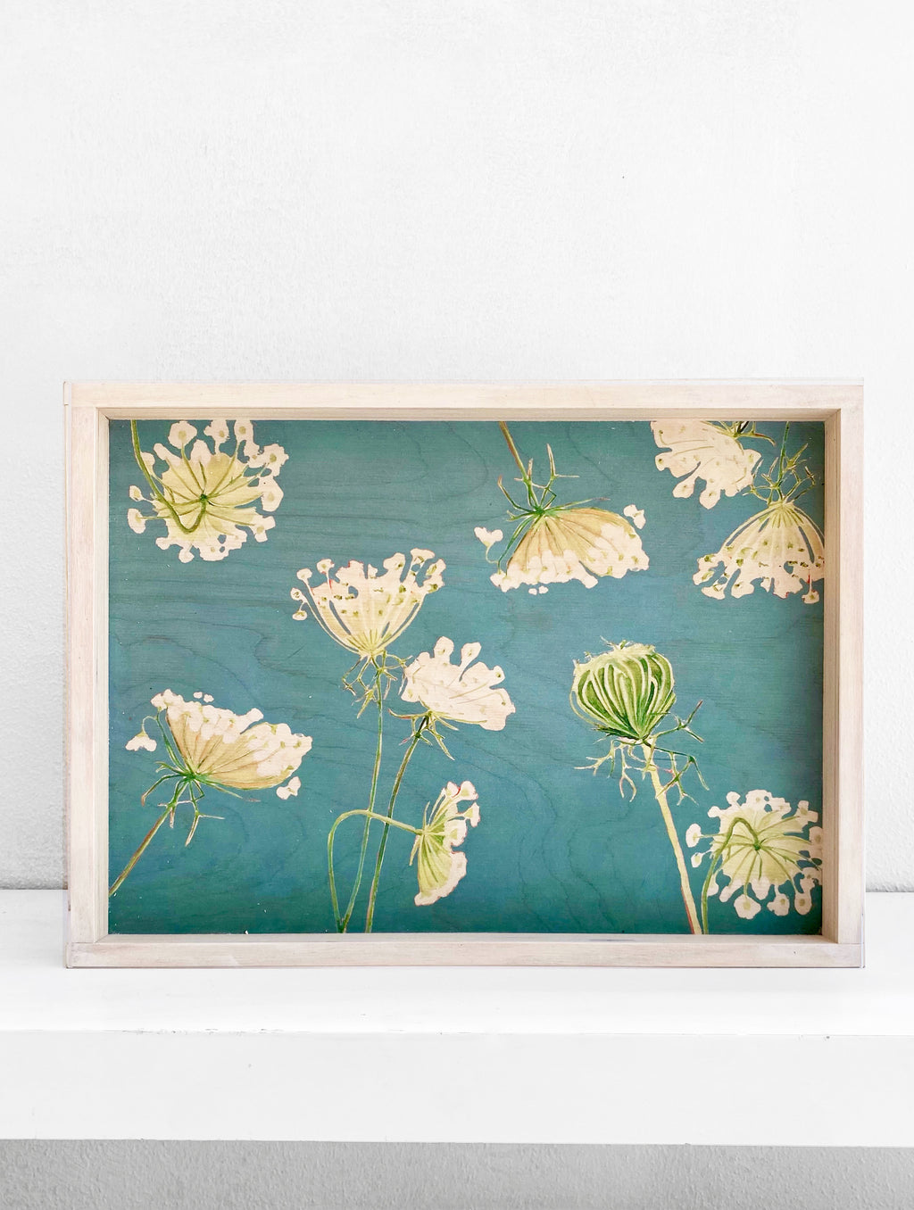 Handmade Serving Tray:  Queen Anne's Lace on Teal