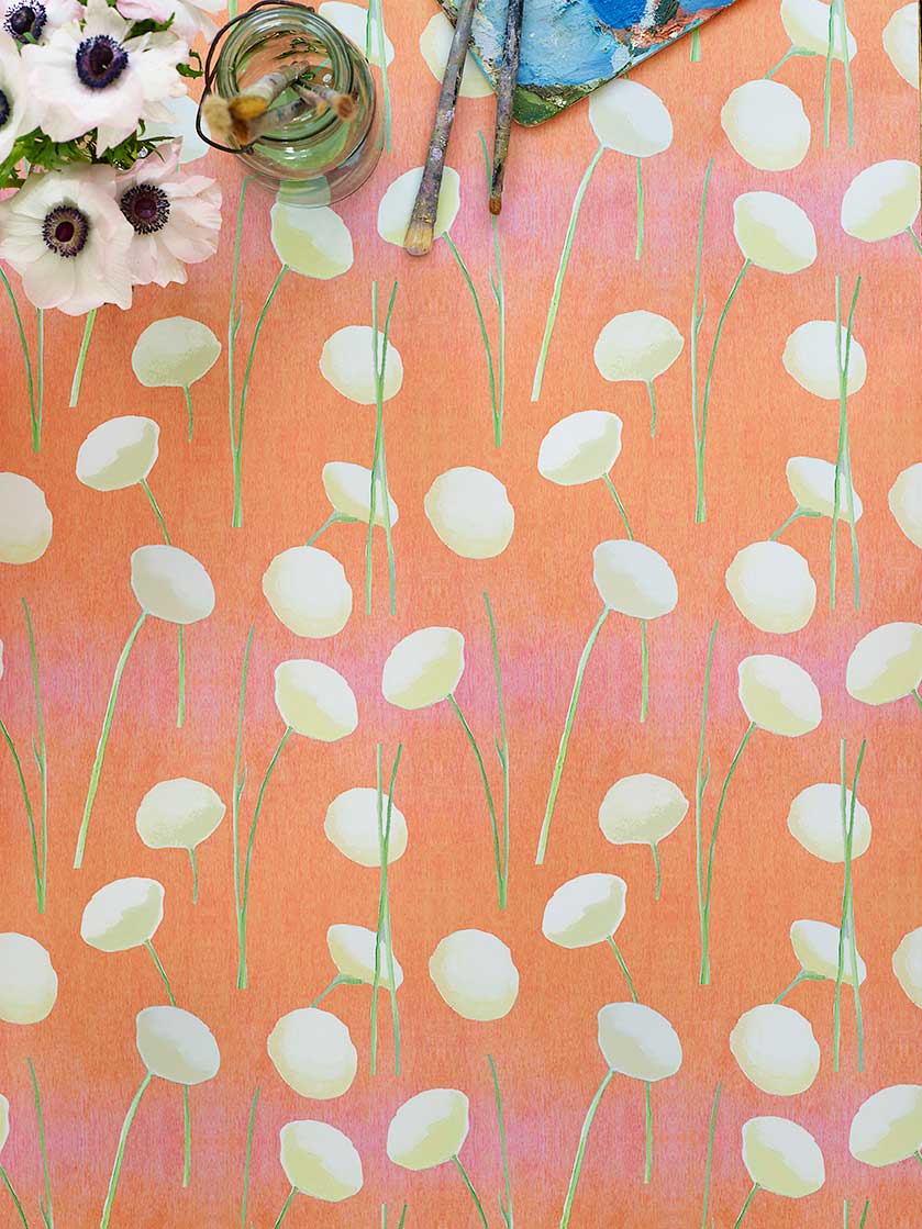 Wallpaper: Cream Flowers on Orange