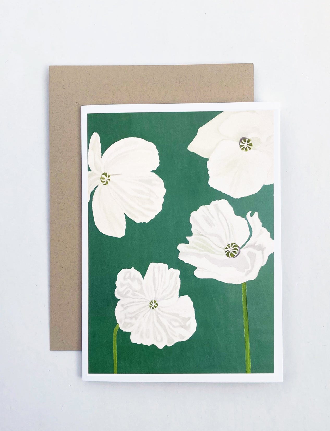 Notecard:  White Poppies on Emerald