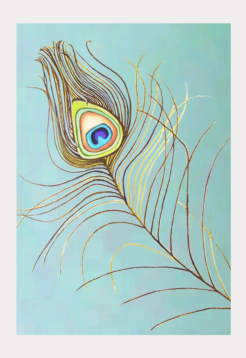 Art Print: Peacock Feather on Aqua-India & Purry
