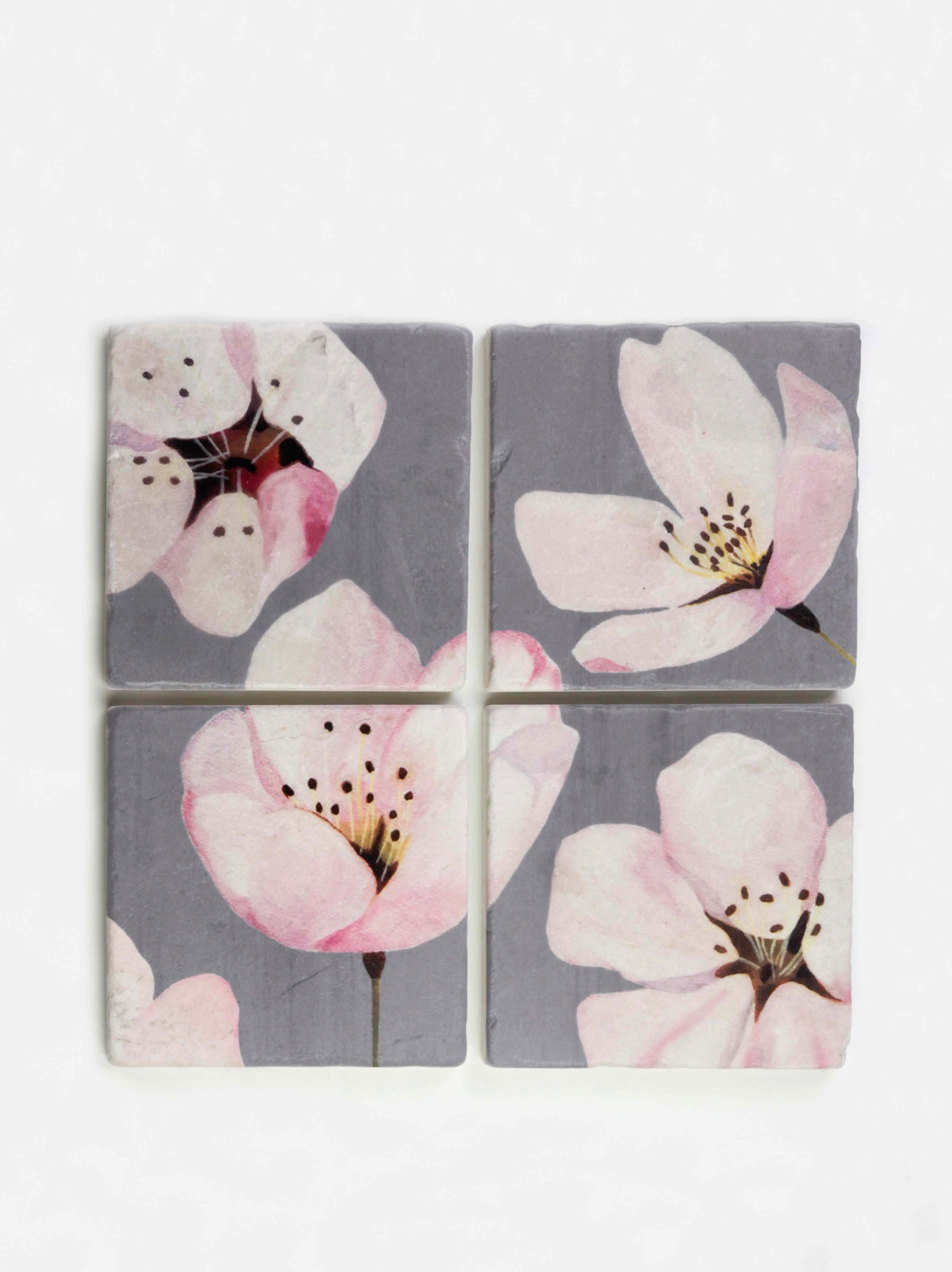 Coaster Set: Cherry Blossoms on Grey-India & Purry