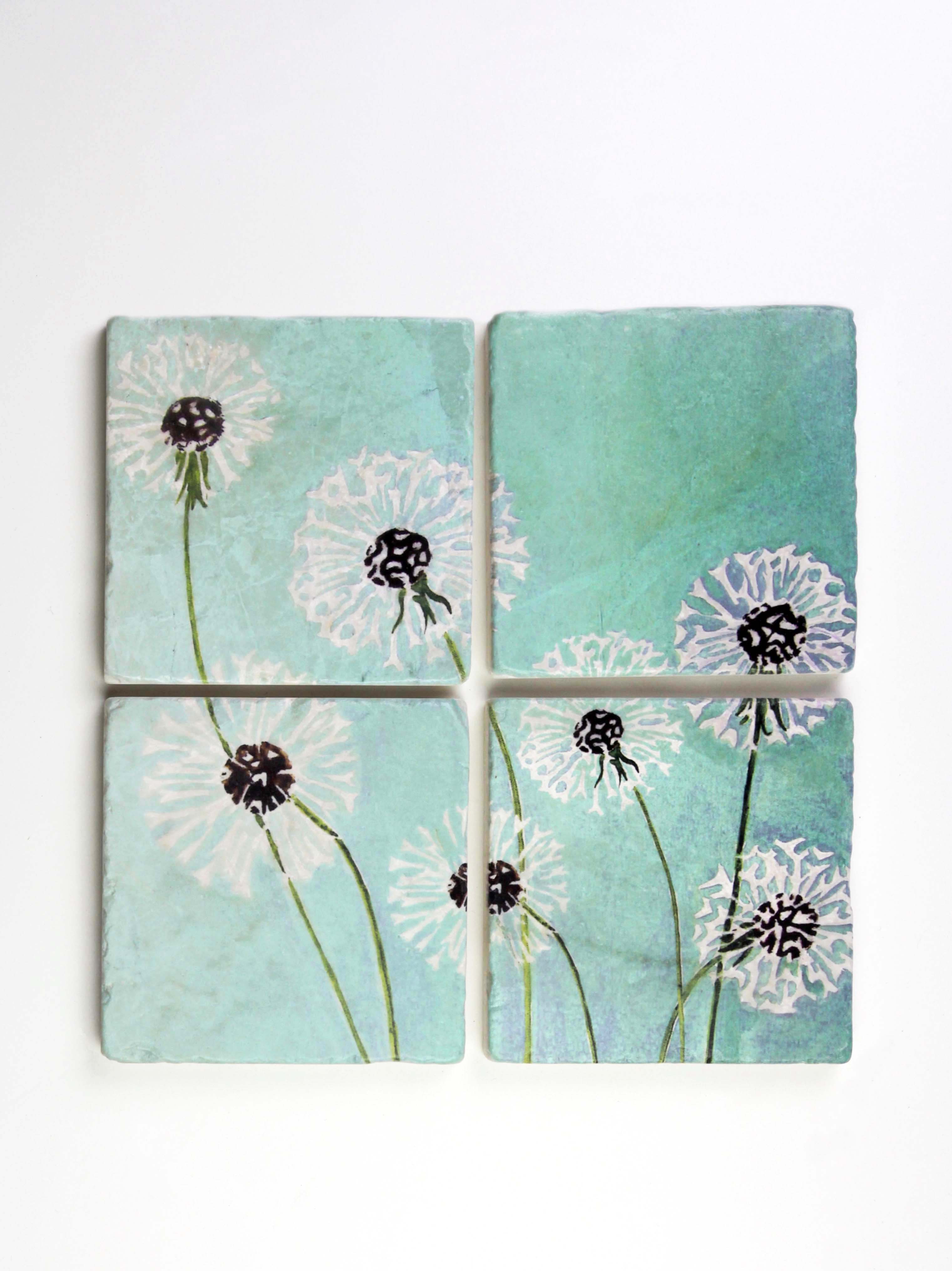 Coaster Set: Dandelions on Aqua-India & Purry