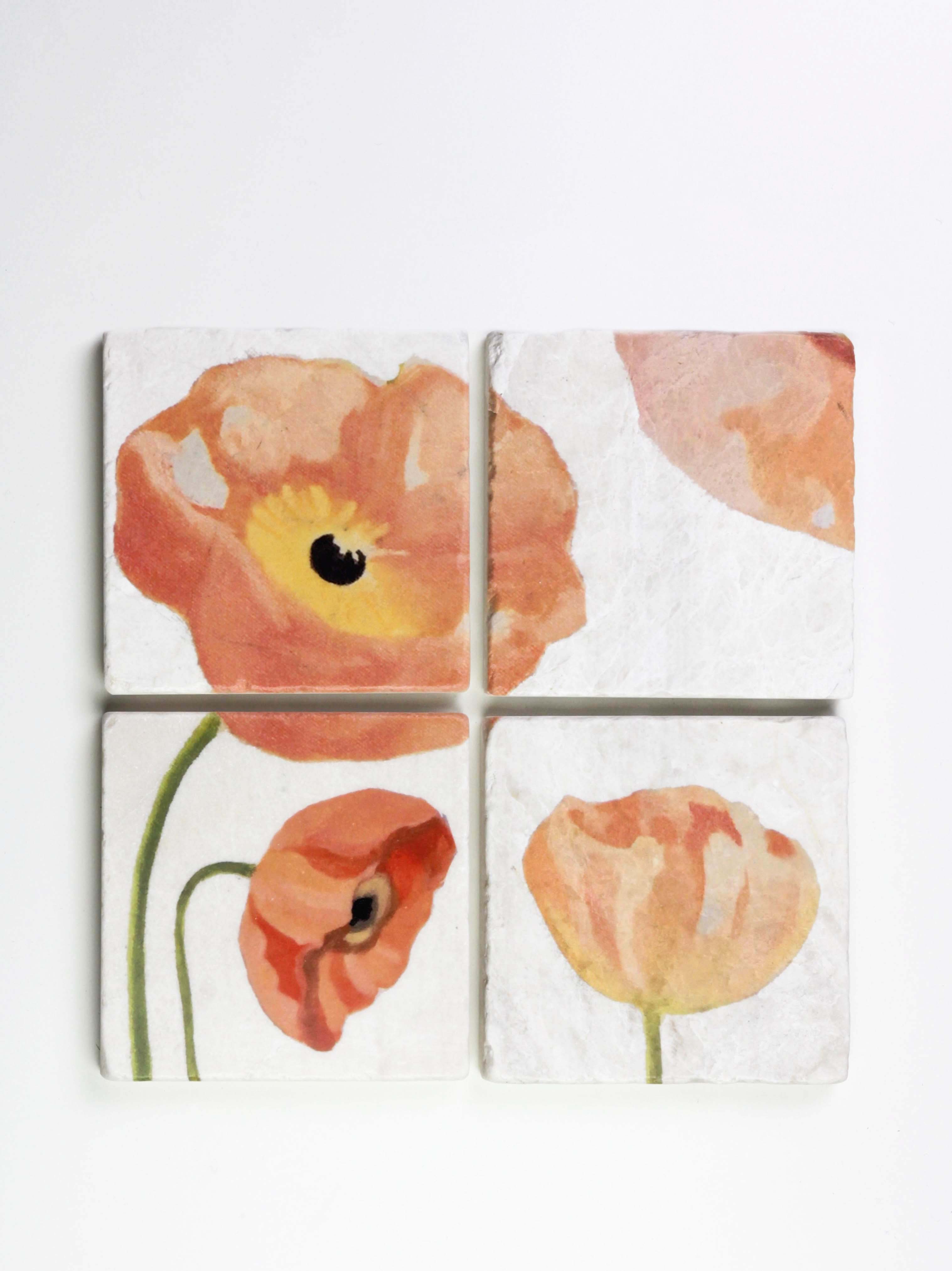 Coaster Set: Peach Poppies on Snow-India & Purry