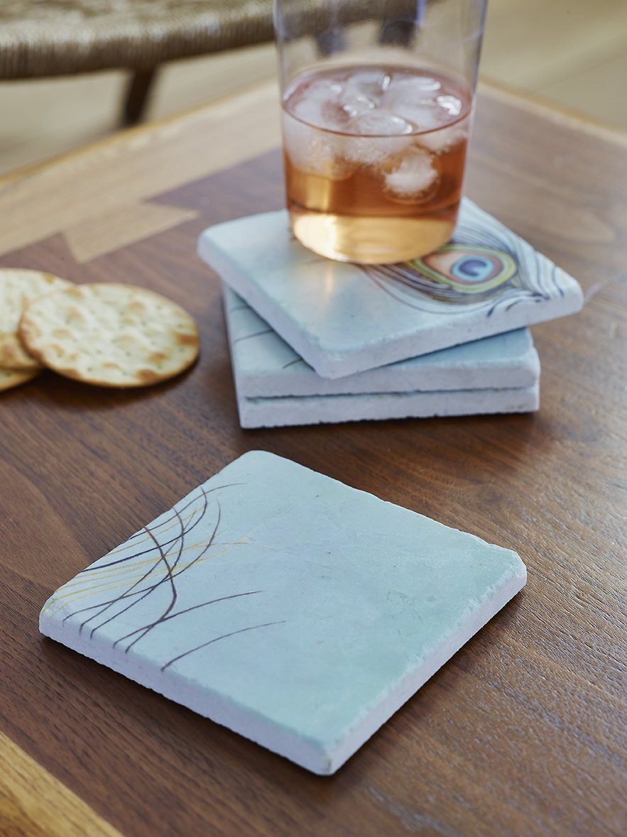 Coaster Set: Peacock Feather on Aqua-India & Purry