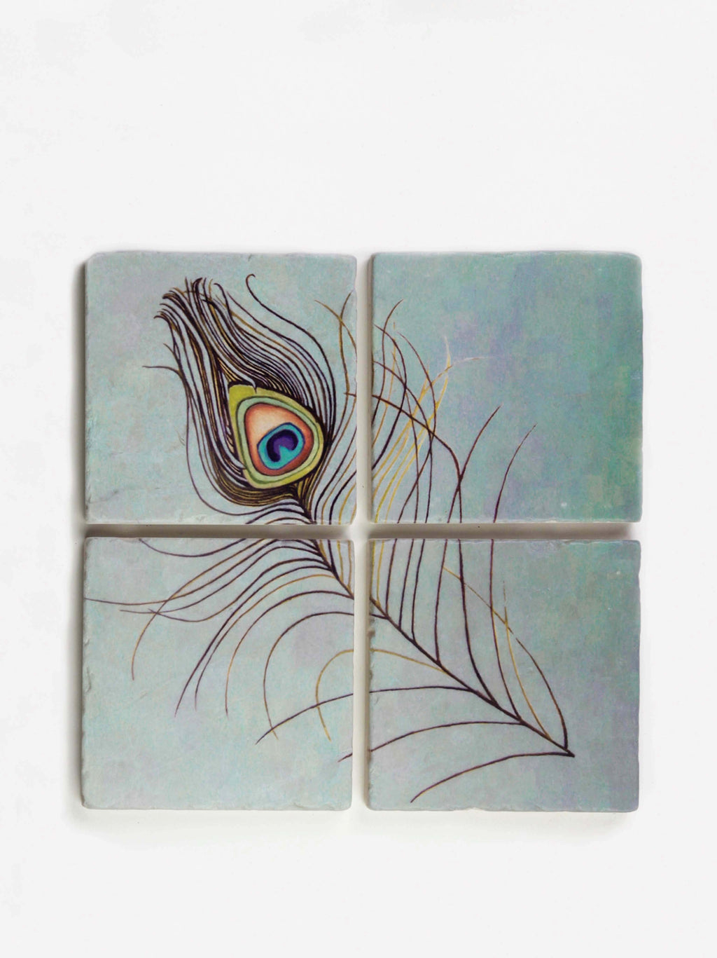 Coaster Set: Peacock Feather on Aqua-India & Purry