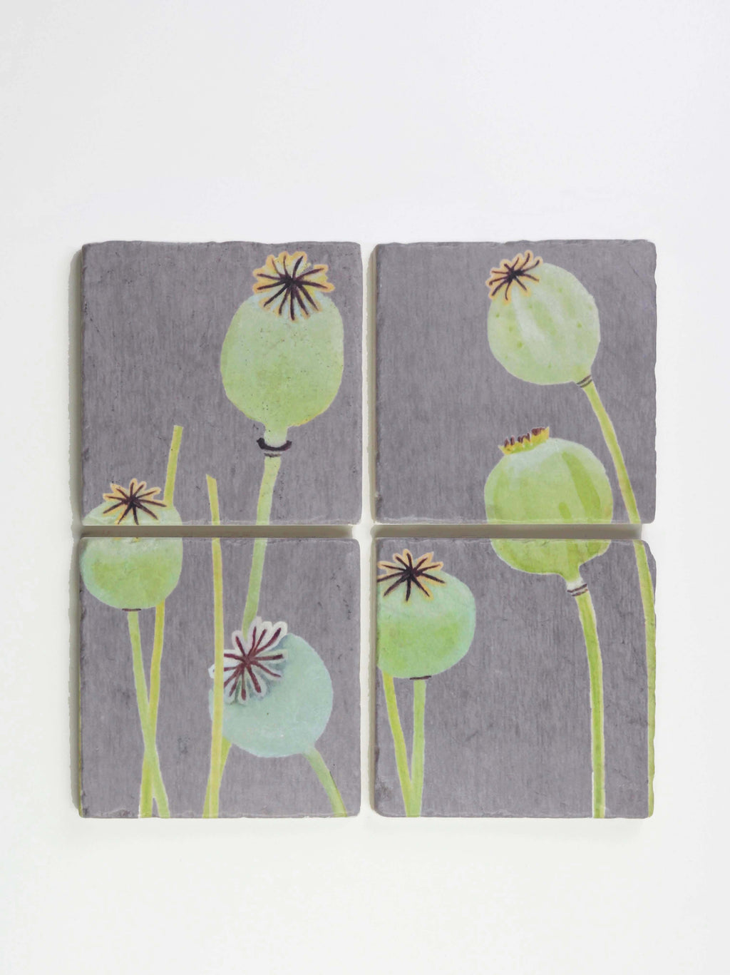 Coaster Set: Poppy Pods on Grey-India & Purry