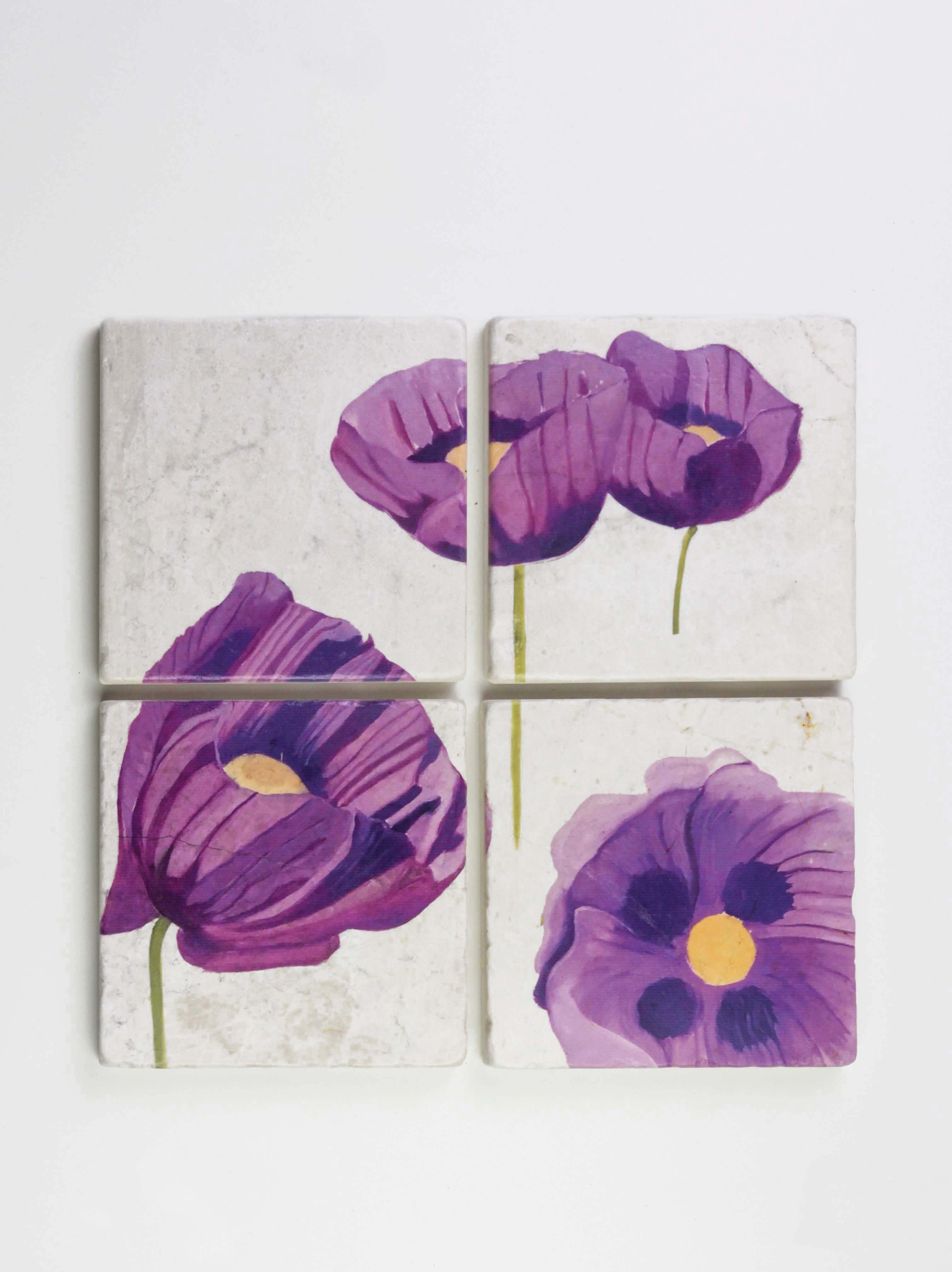 Coaster Set: Purple Poppies on Snow-India & Purry