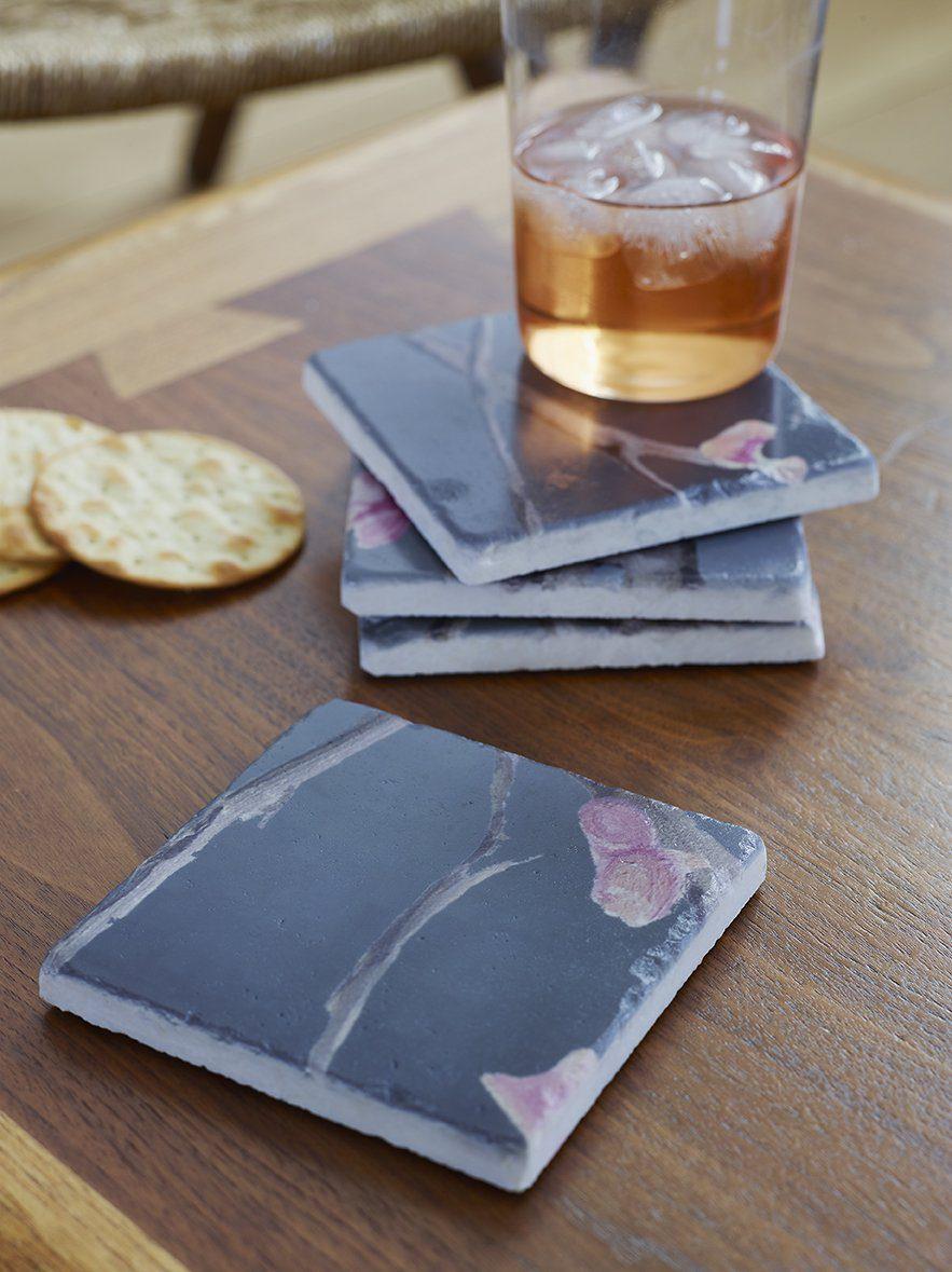 Coaster Set: Tree with Pink Flowers on Dark Grey-India & Purry