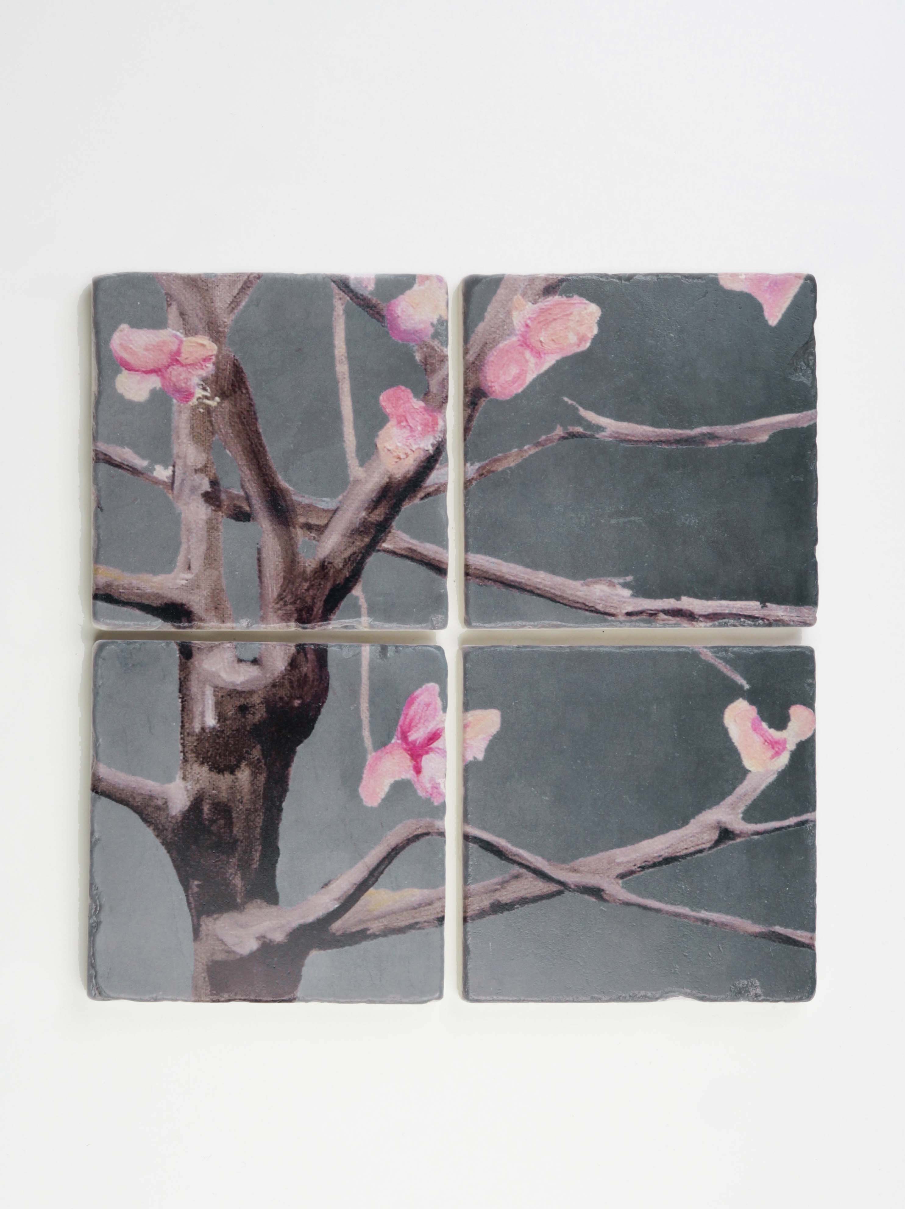 Coaster Set: Tree with Pink Flowers on Dark Grey-India & Purry