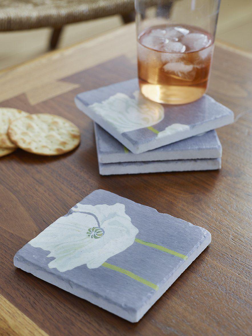 Coaster Set: White Poppies on Grey-India & Purry