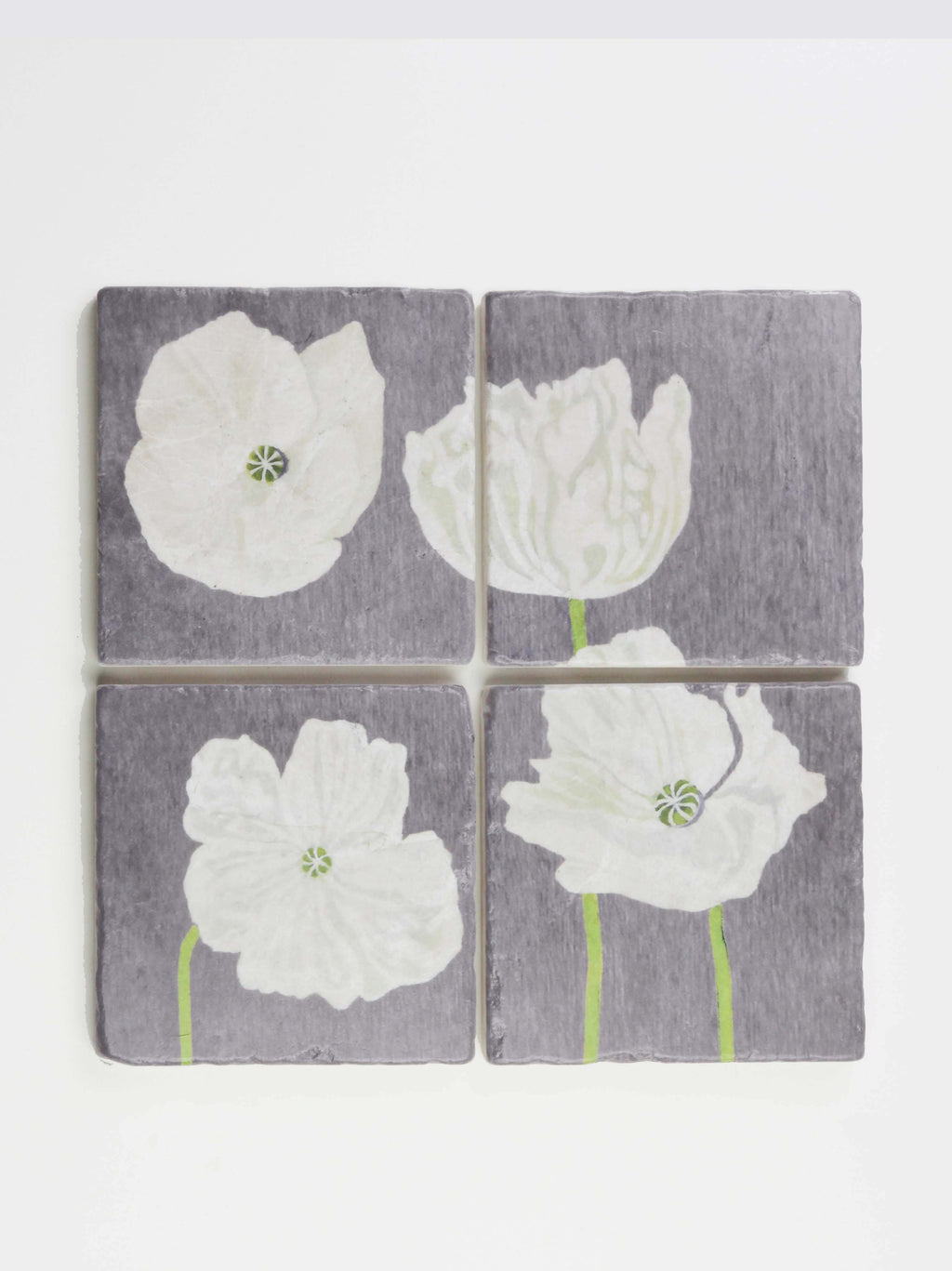 Coaster Set: White Poppies on Grey-India & Purry