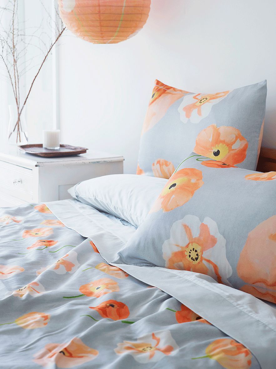 Duvet Cover: Peach Poppies on Grey-India & Purry