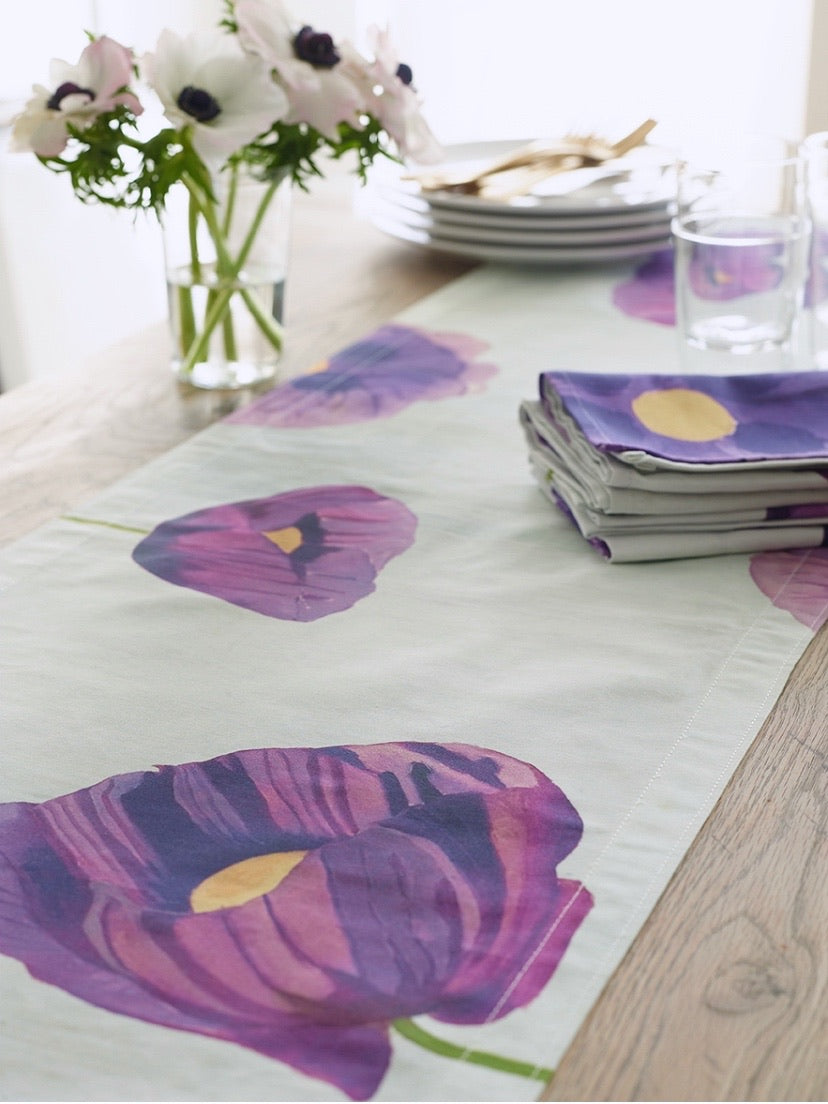 Table Runner: Purple Poppies on Snow