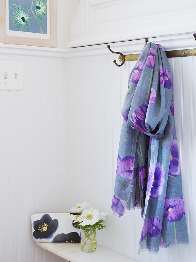 Scarf: Purple Poppies on Grey