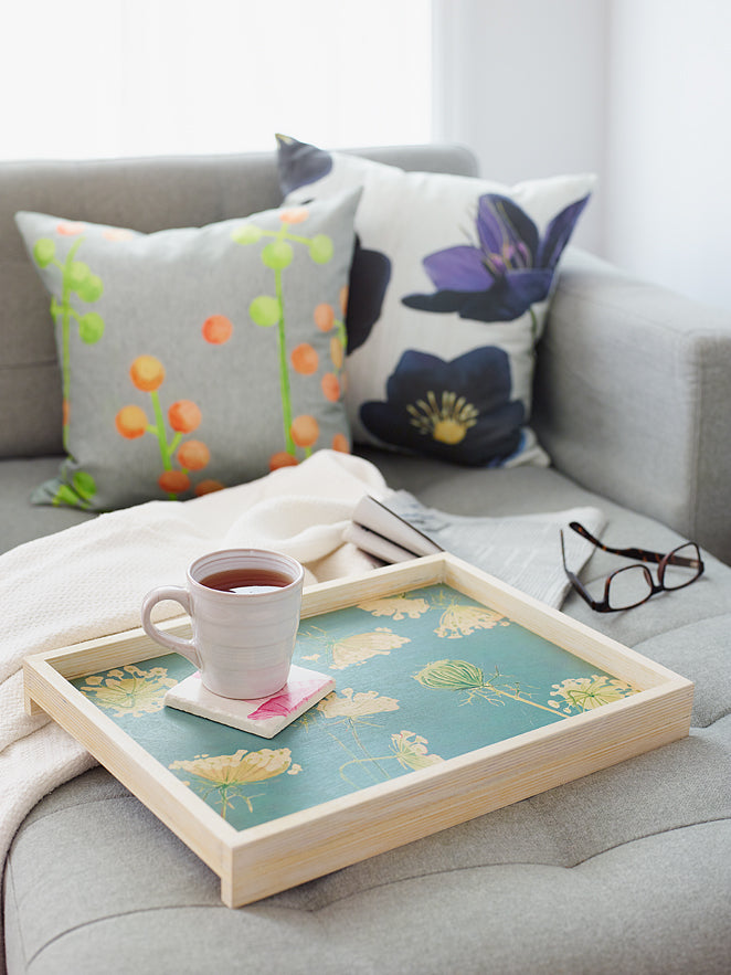 Handmade Serving Tray:  Queen Anne's Lace on Teal