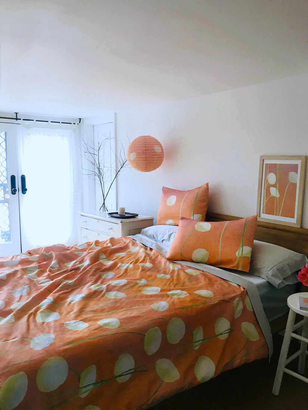 Duvet Cover: Cream Flowers on Orange