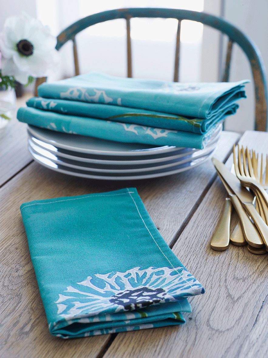 Napkin Set: Dandelions on Aqua-India & Purry