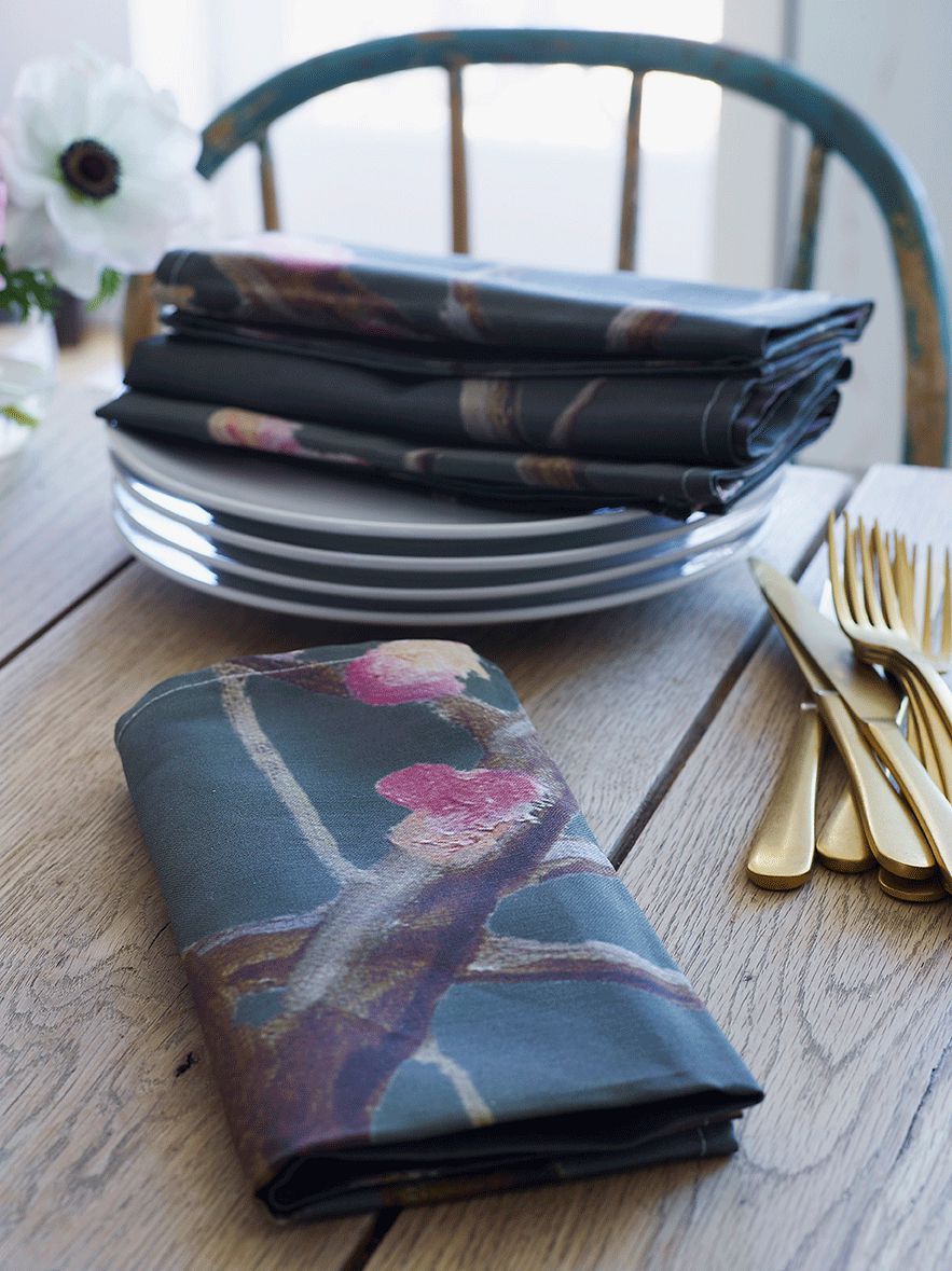 Napkin Set: Tree with Pink Flowers on Dark Grey-India & Purry