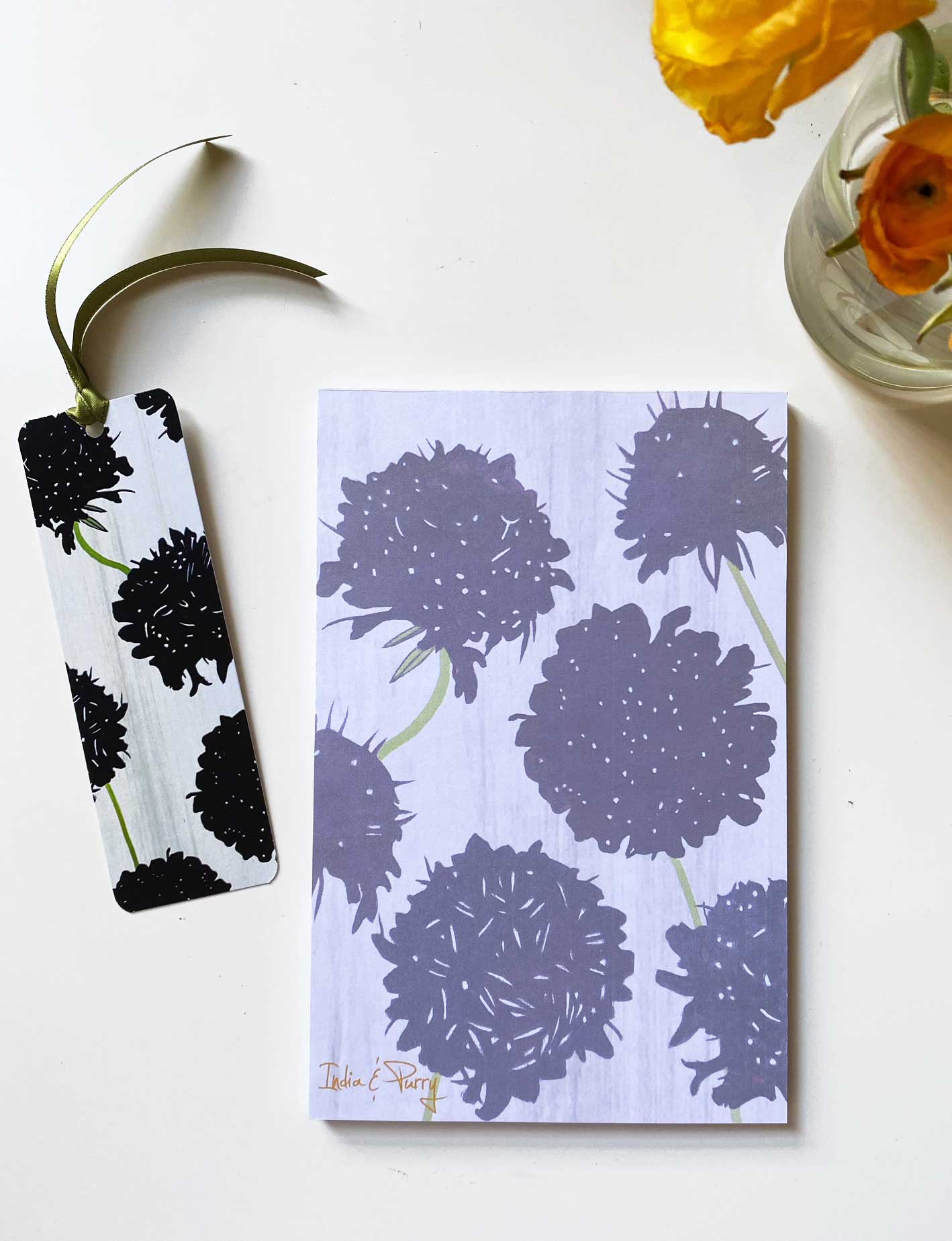 Notepad & Bookmark: Black Scabiosa on Snow-India & Purry