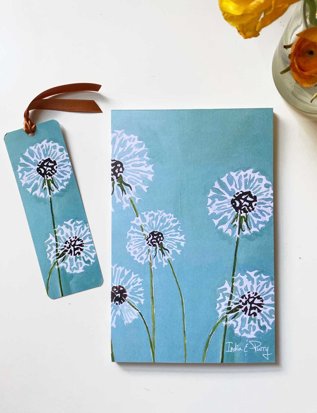 Notepad & Bookmark: Dandelions on Aqua-India & Purry