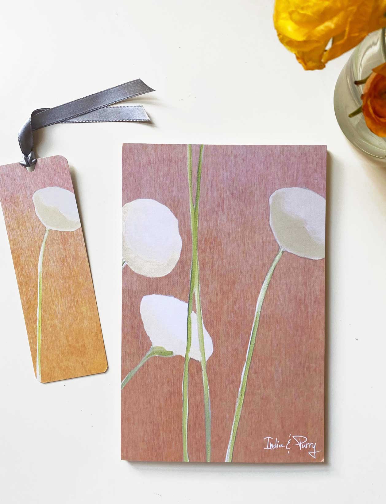 Notepad & Bookmark Set: Cream Flowers on Orange-India & Purry
