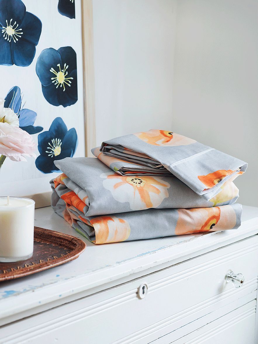 Sheet Set: Peach Poppies on Grey-India & Purry