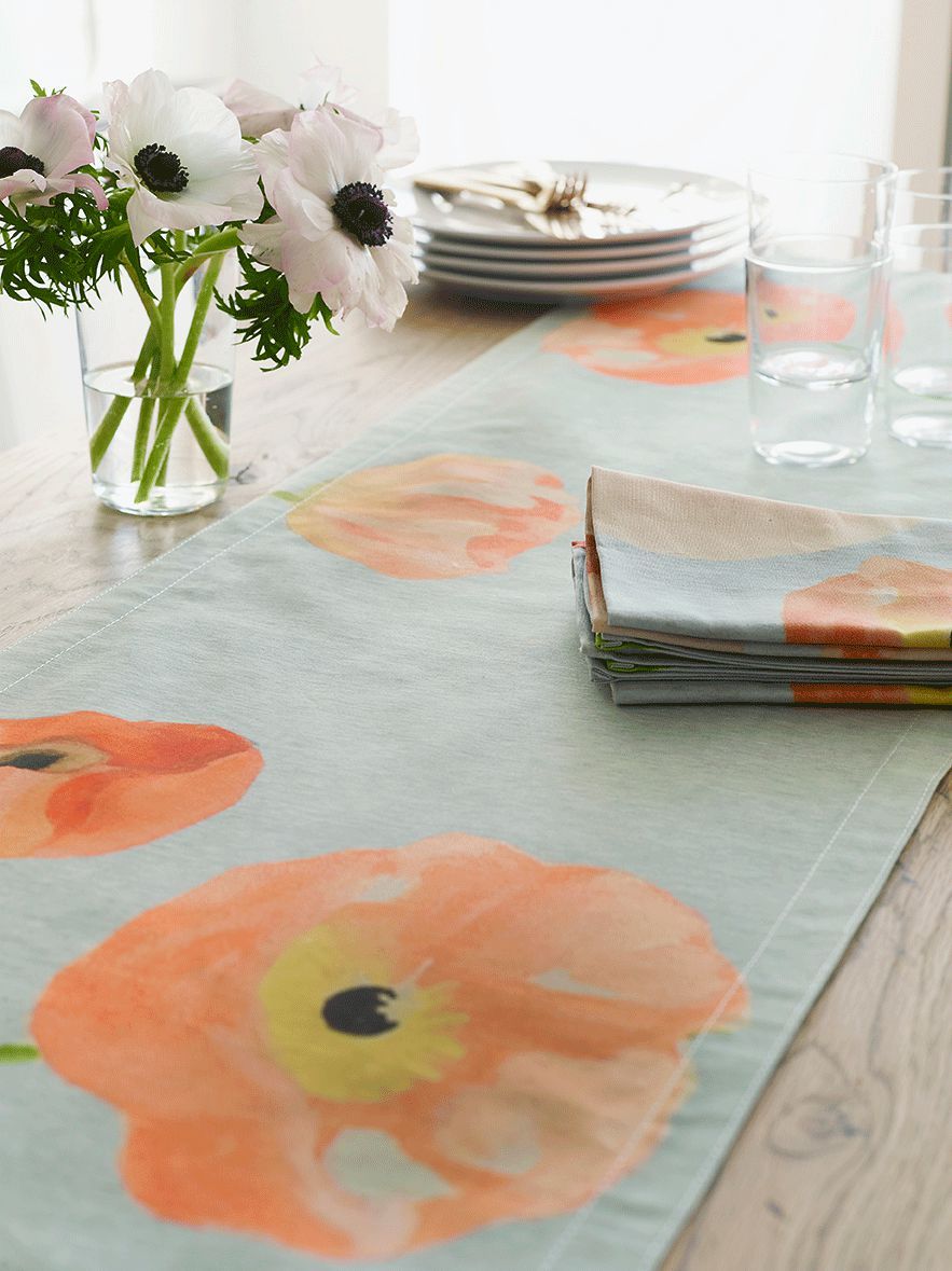 Table Runner: Peach Poppies on Grey-India & Purry