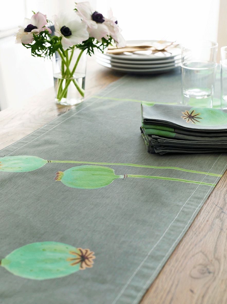 Table Runner: Poppy Pods on Grey-India & Purry