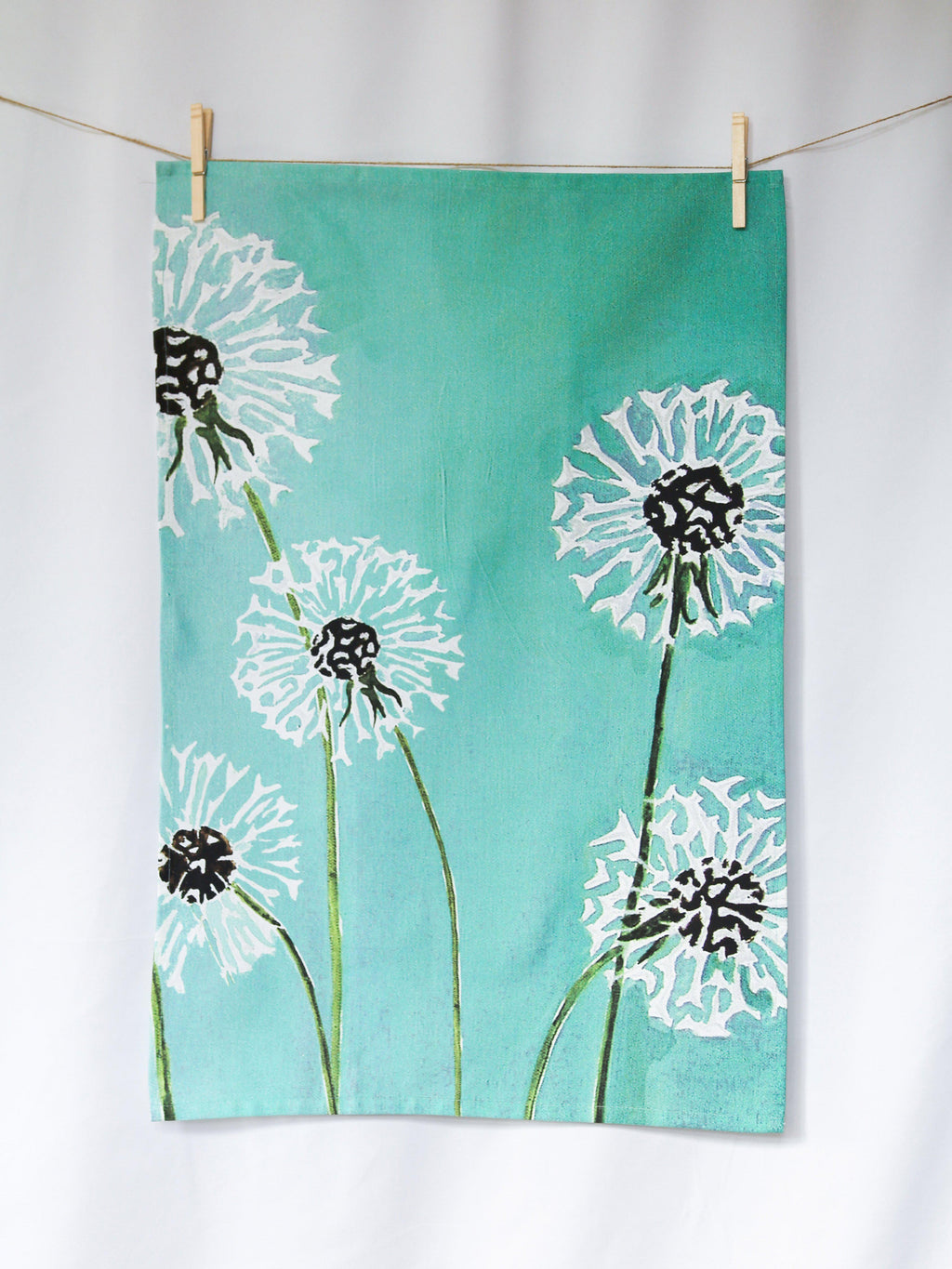 Tea Towel: Dandelions on Aqua-India & Purry